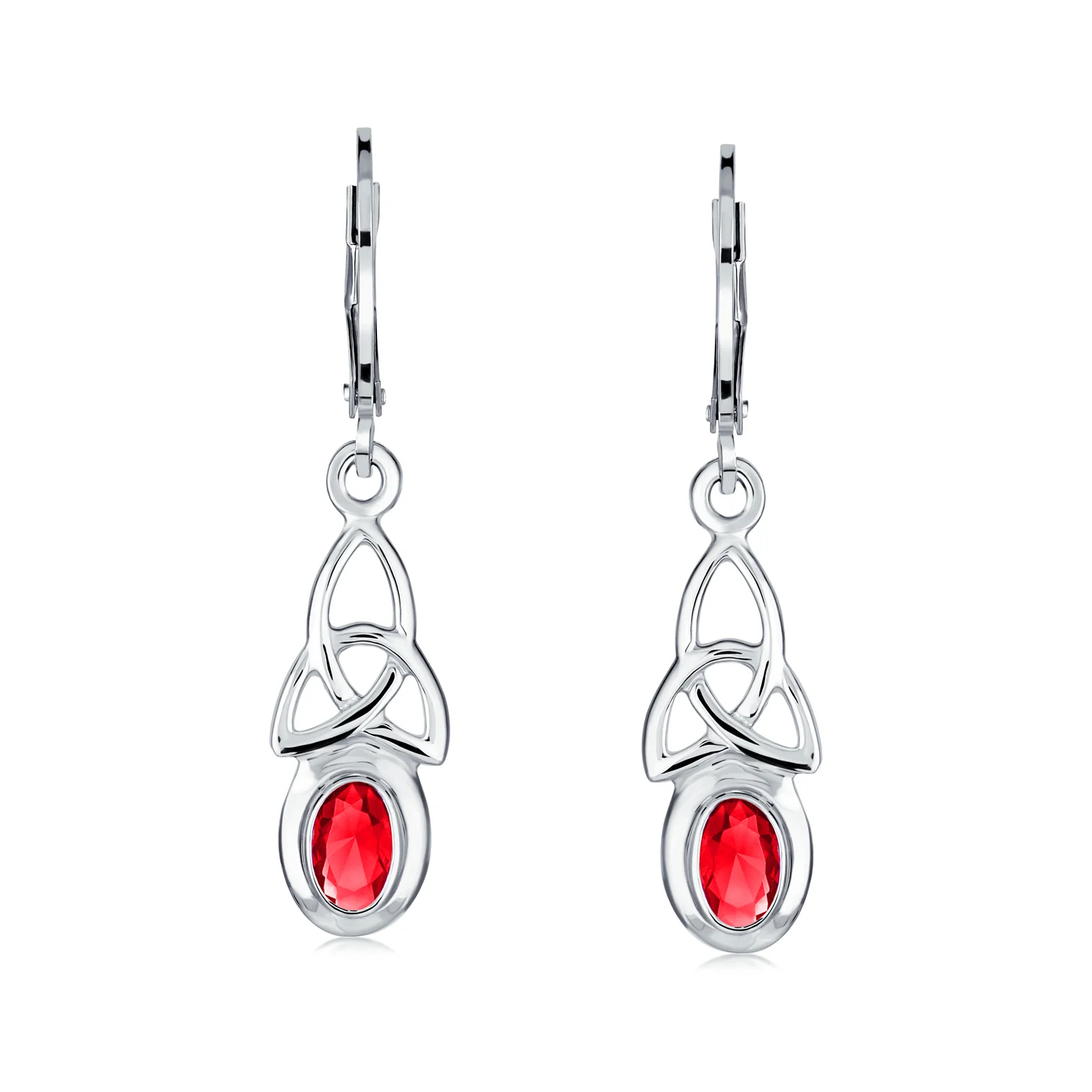 Oval Bezel Set Ruby Red CZ Celtic Love Knot Dangle Earrings .925 Sterling Silver Leverback - Image 2