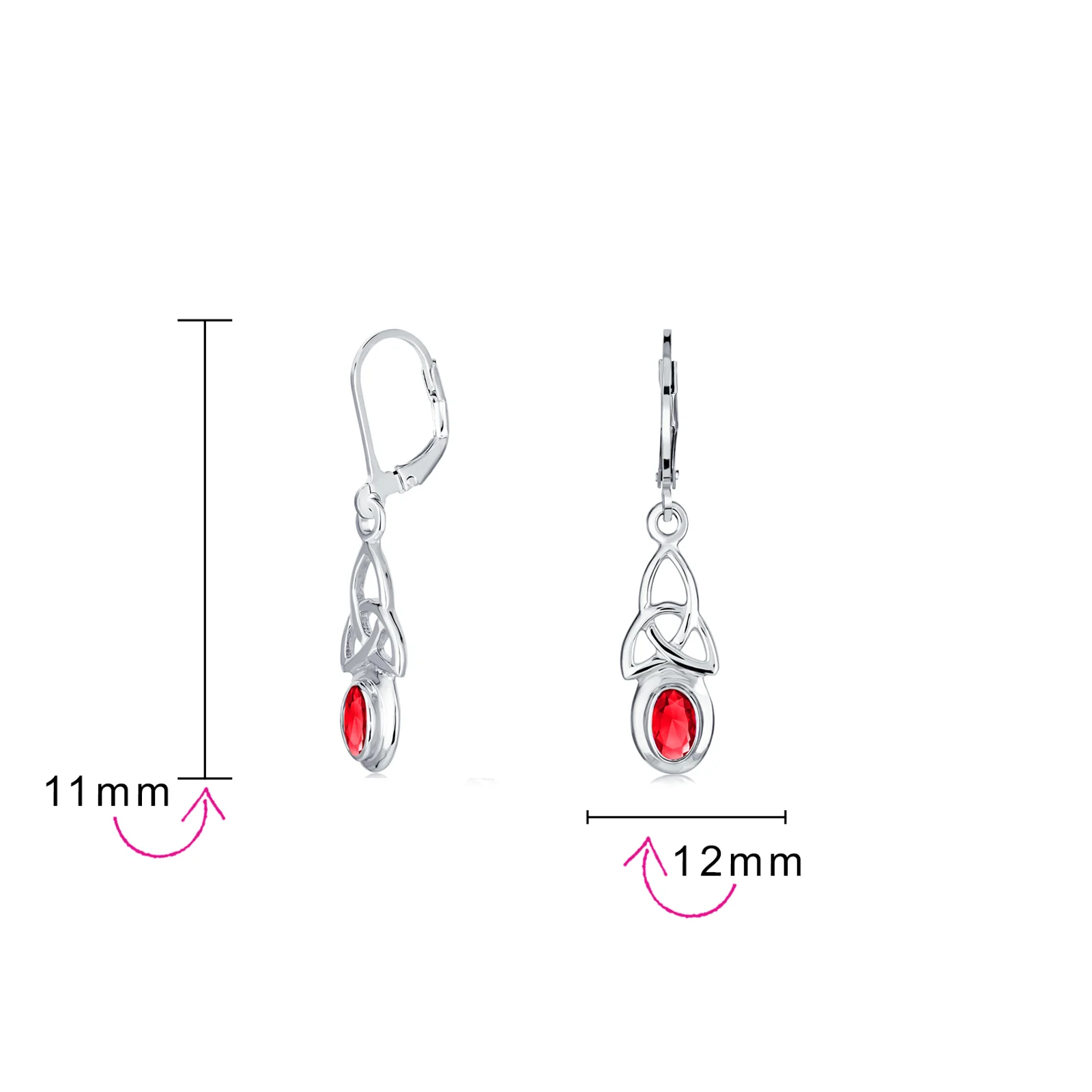 Oval Bezel Set Ruby Red CZ Celtic Love Knot Dangle Earrings .925 Sterling Silver Leverback - Image 4