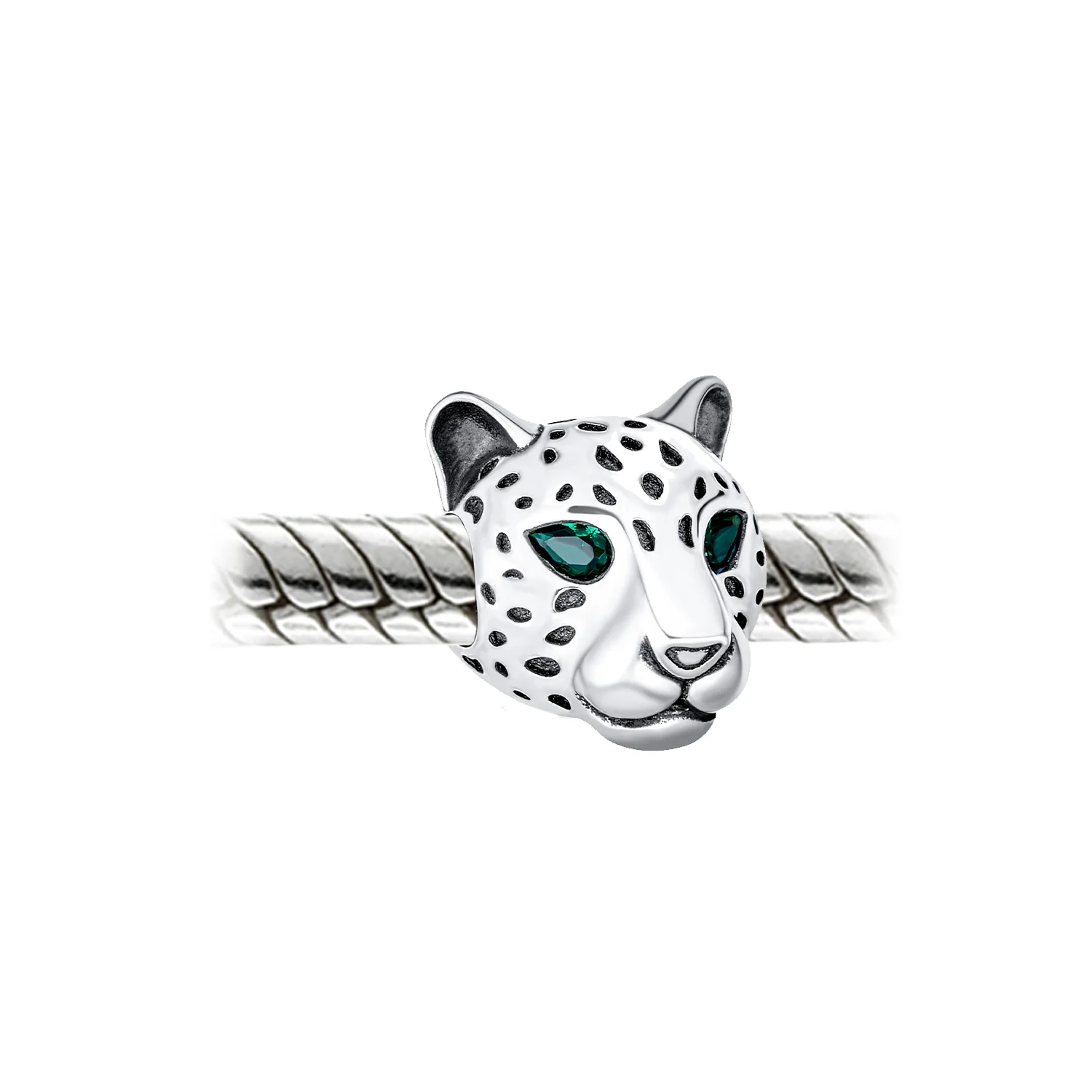 Jaguar Panther Charm Bead with Green CZ Eyes Oxidized Silver for Bracelets - Image 3