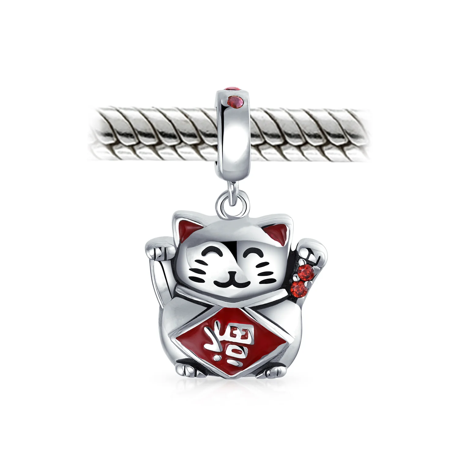 Japanese Maneki Neko Lucky Cat Dangle Charm Bead Red Enamel Sterling Silver - Image 3