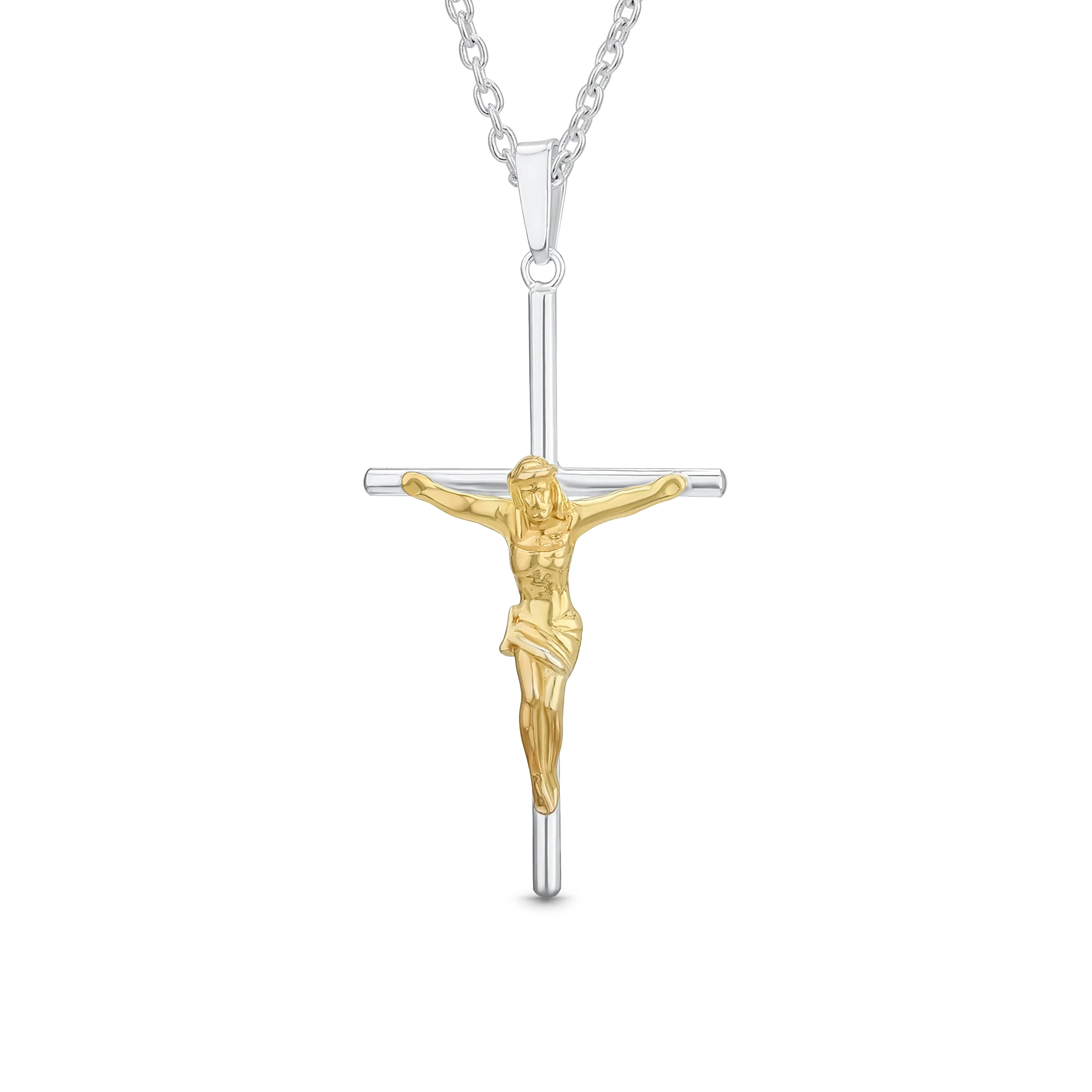 Jesus Crucifix Cross Pendant Necklace 2 Tone Gold Silver