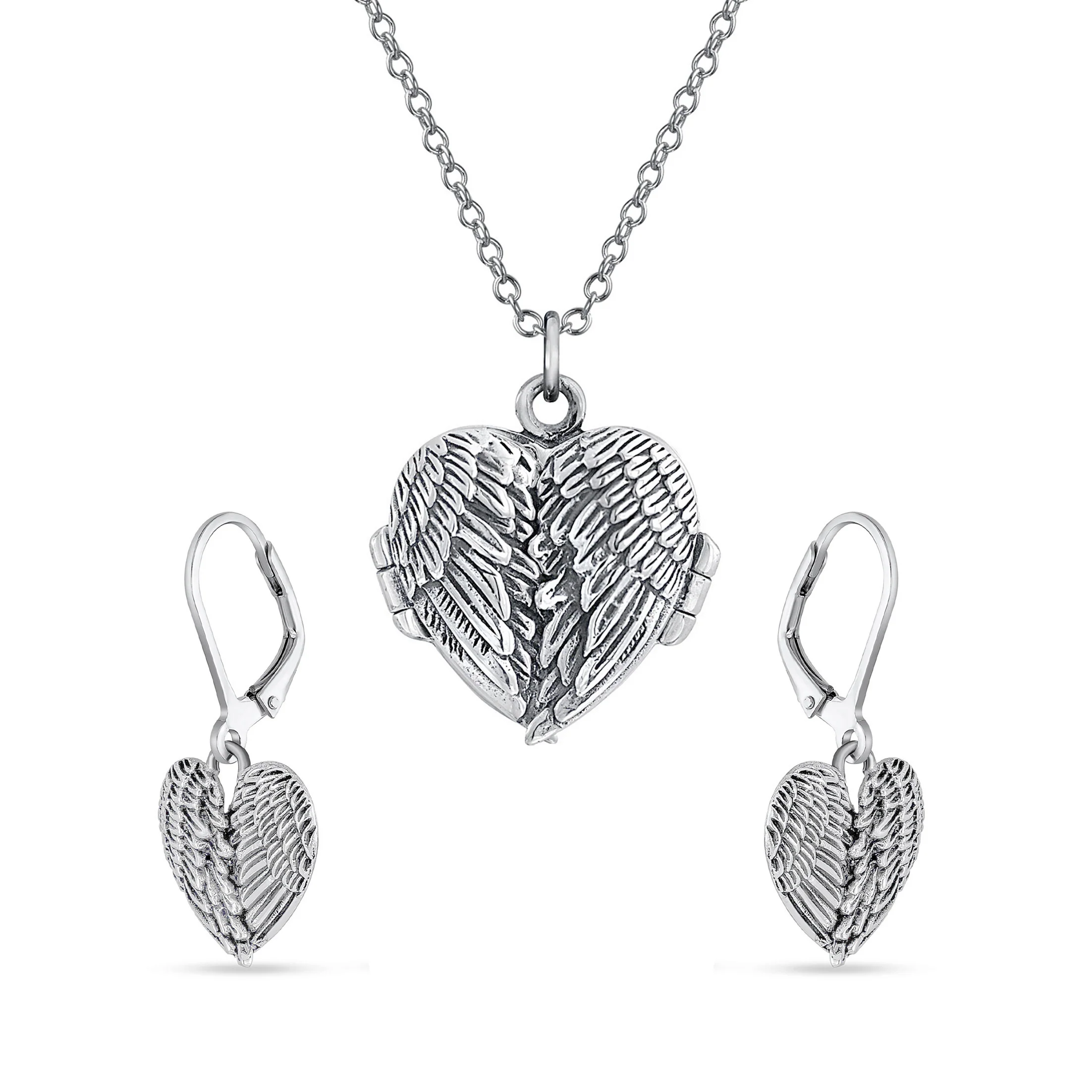 Spiritual Jewelry Set Heart & Angel Wings Locket Necklace & Drop Earrings .925 Sterling Silver