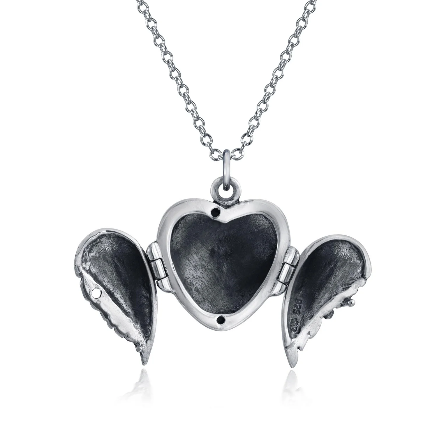 Spiritual Jewelry Set Heart & Angel Wings Locket Necklace & Drop Earrings .925 Sterling Silver - Image 2