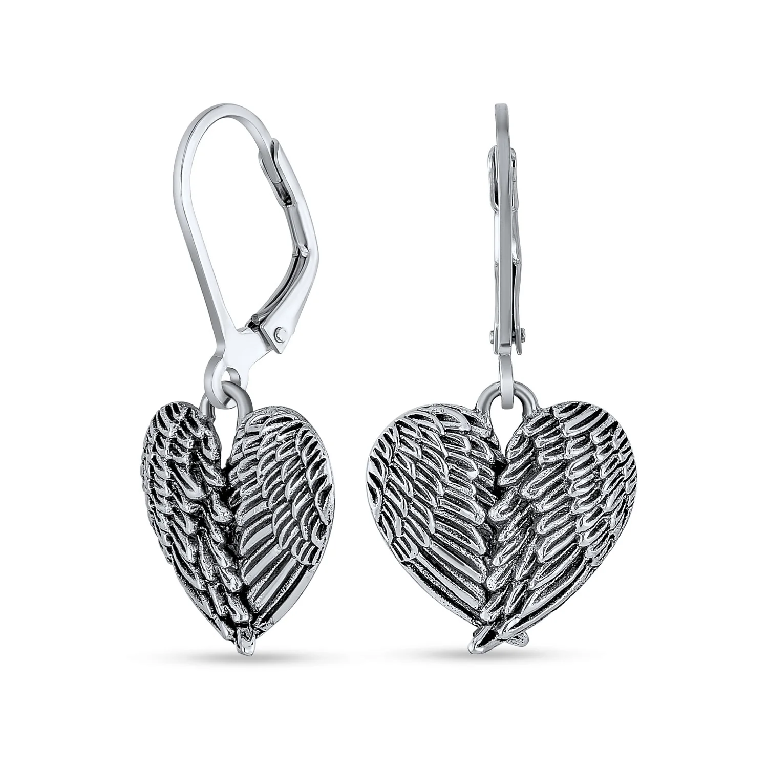 Spiritual Jewelry Set Heart & Angel Wings Locket Necklace & Drop Earrings .925 Sterling Silver - Image 3