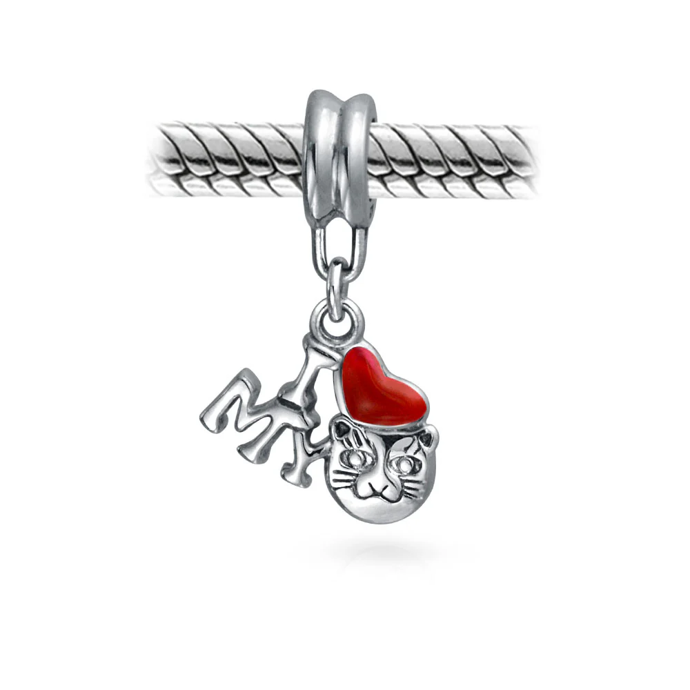 Kitten Pet Red Heart 'I Love My Cat' Dangle Charm Bead for European Bracelet - Image 2