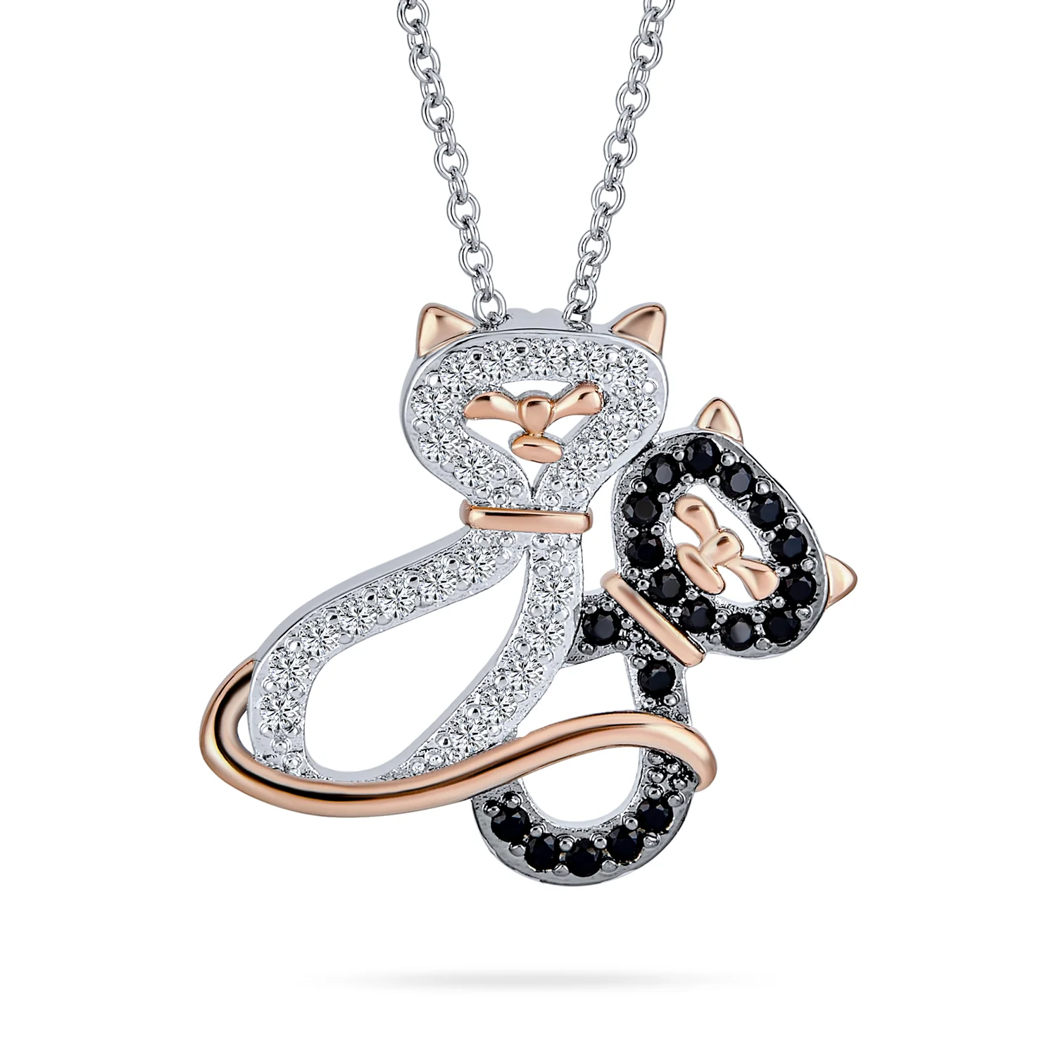 Kitty Cat Pendant Necklace CZ Black & White Kitten Jewelry Two-Tone Gold