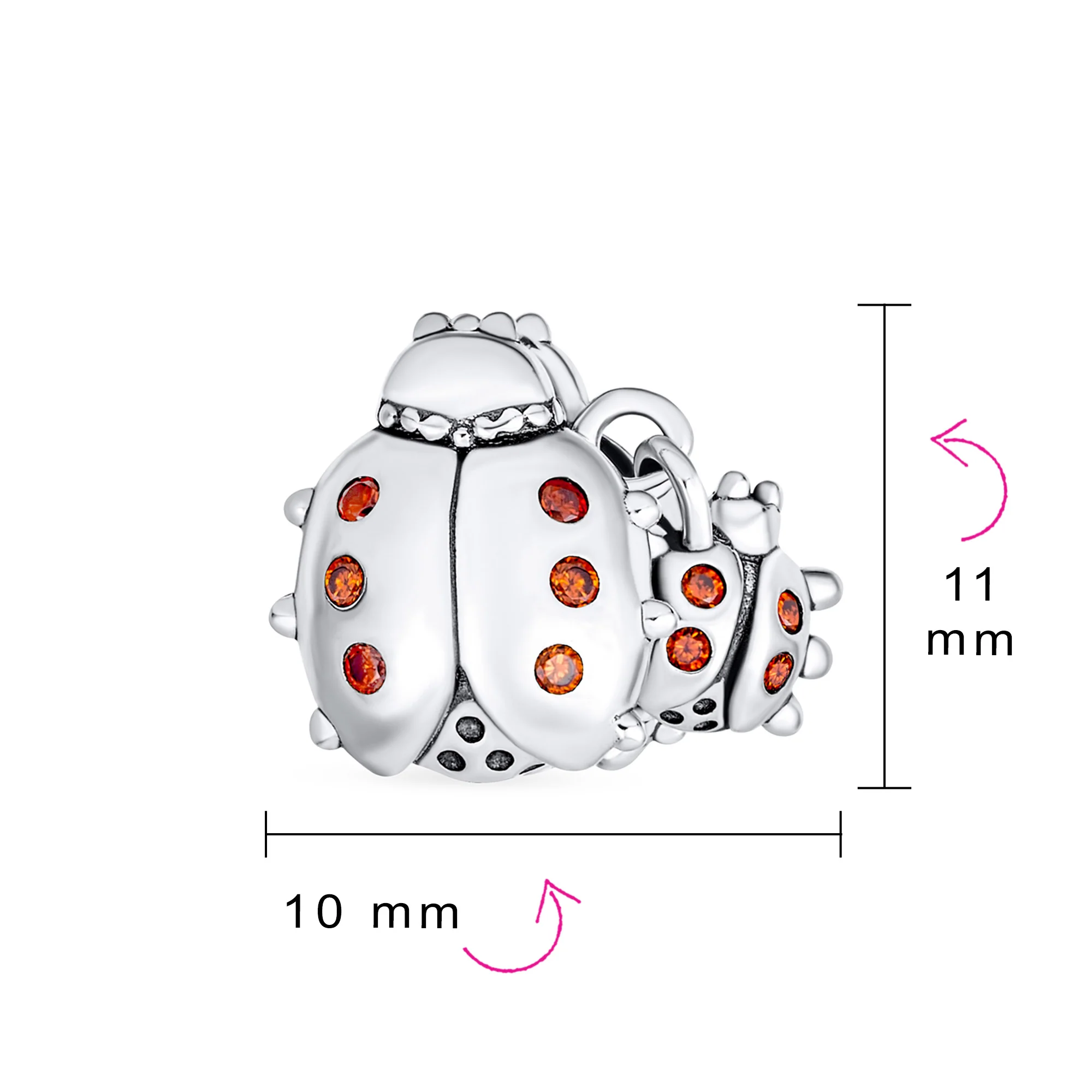 Set of 2 Insect Garden Ladybugs Red CZ Dangle Charm Bead Enamel Sterling Silver - Image 4