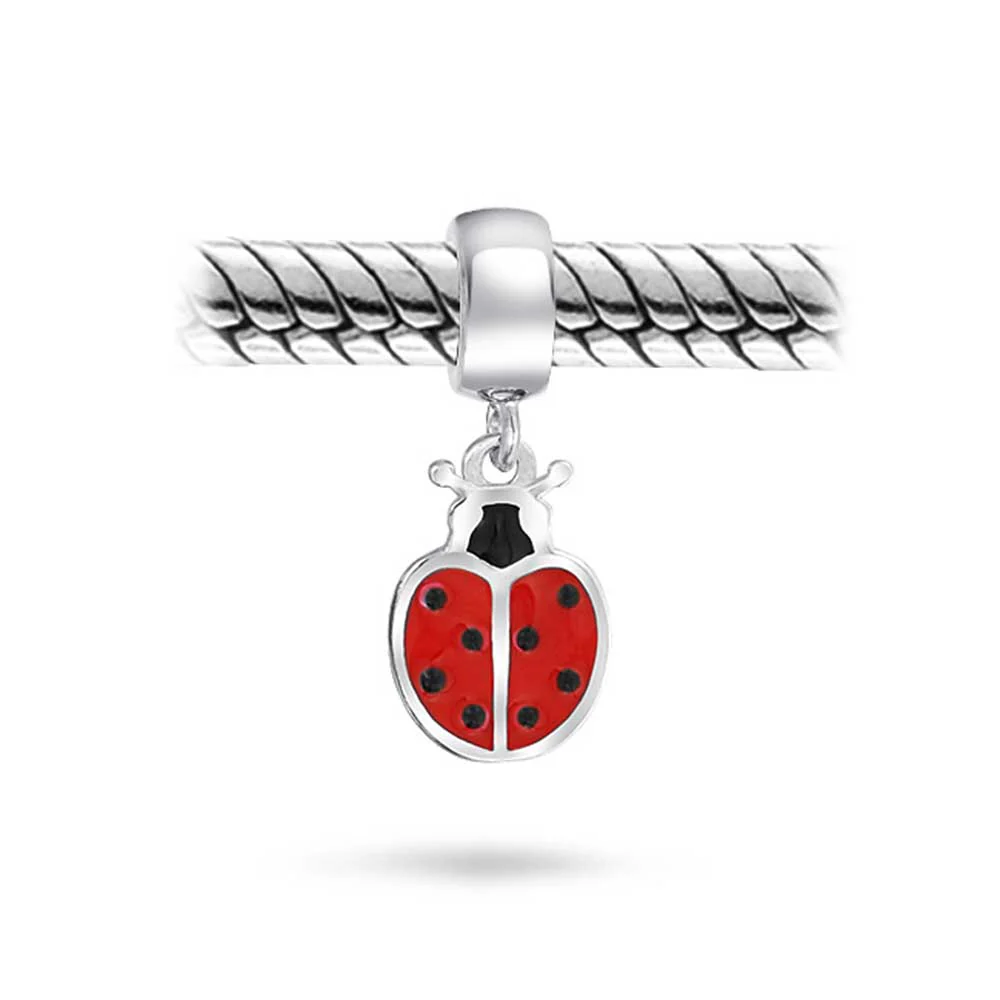 Set of 2 Insect Garden Ladybugs Red CZ Dangle Charm Bead Enamel Sterling Silver - Image 6