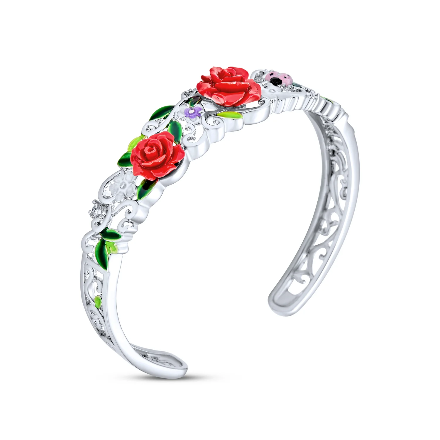 3D Garden Ladybug Floral Red Rose Flower Cuff Bracelet Silver Plated - Image 2