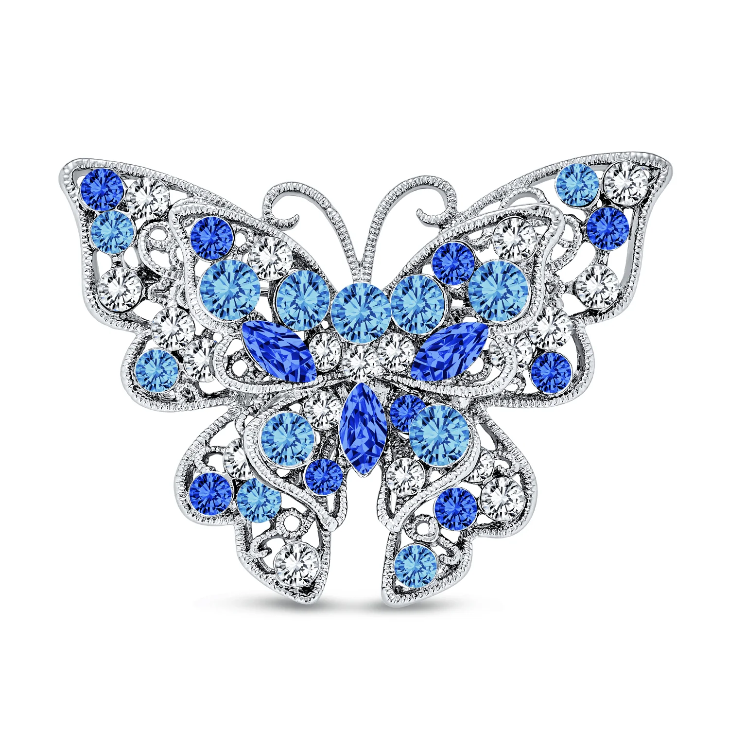 Large Crystal Filigree Butterfly Brooch Pin Fashion Statement Silver Plated - Image 2