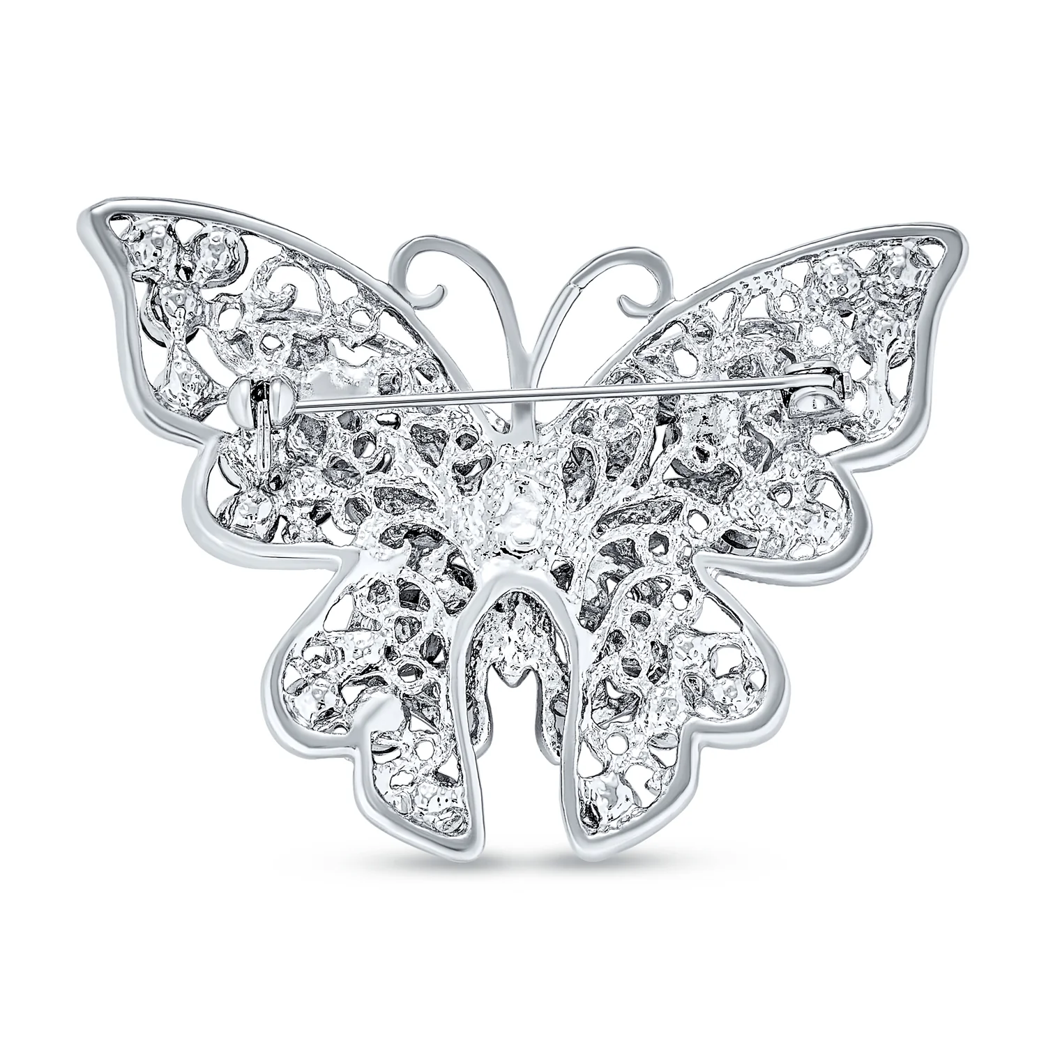 Large Crystal Filigree Butterfly Brooch Pin Fashion Statement Silver Plated - Image 4