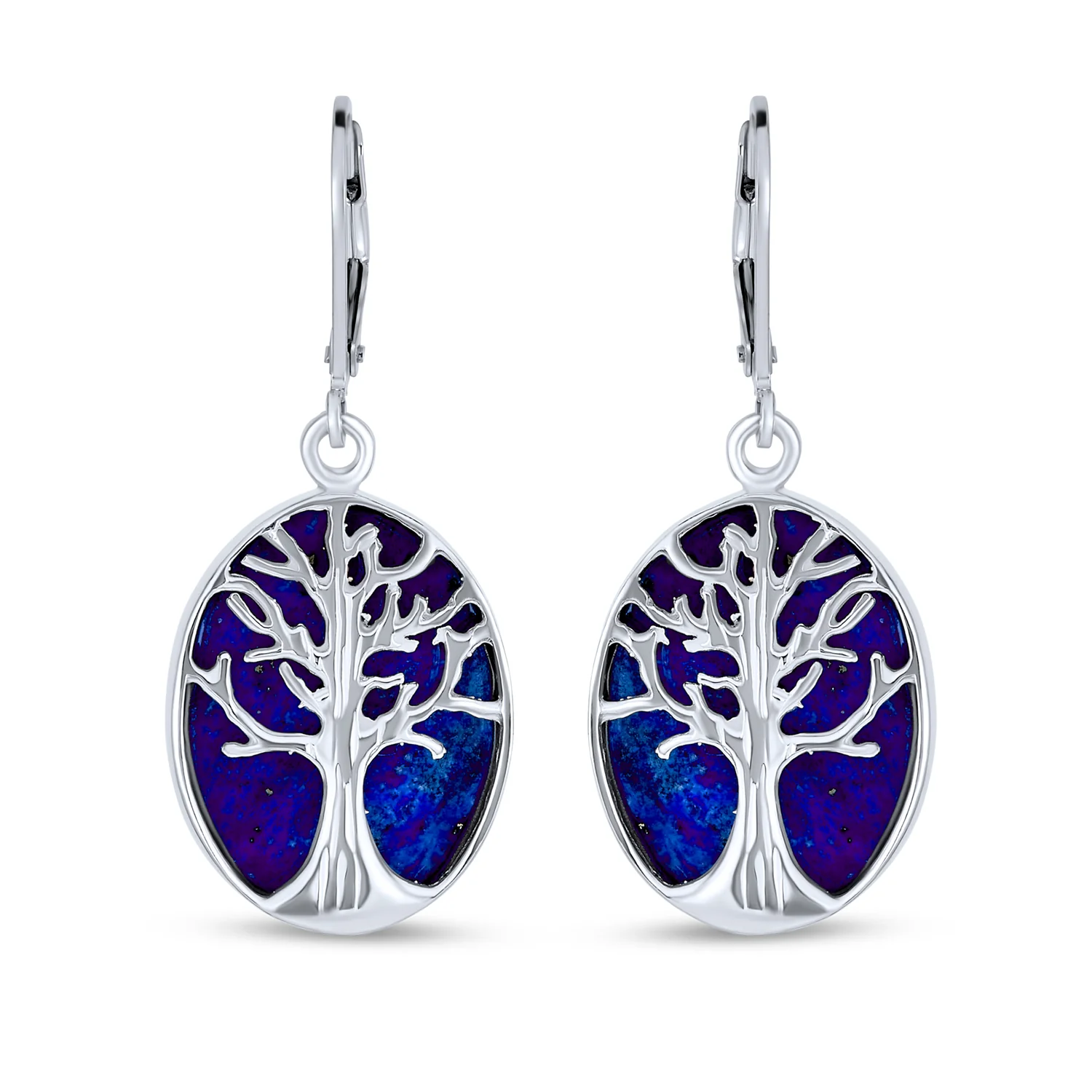 Large Oval Gemstone Lapis Lazuli Turquoise Dangle Earrings in Sterling Silver - Image 4