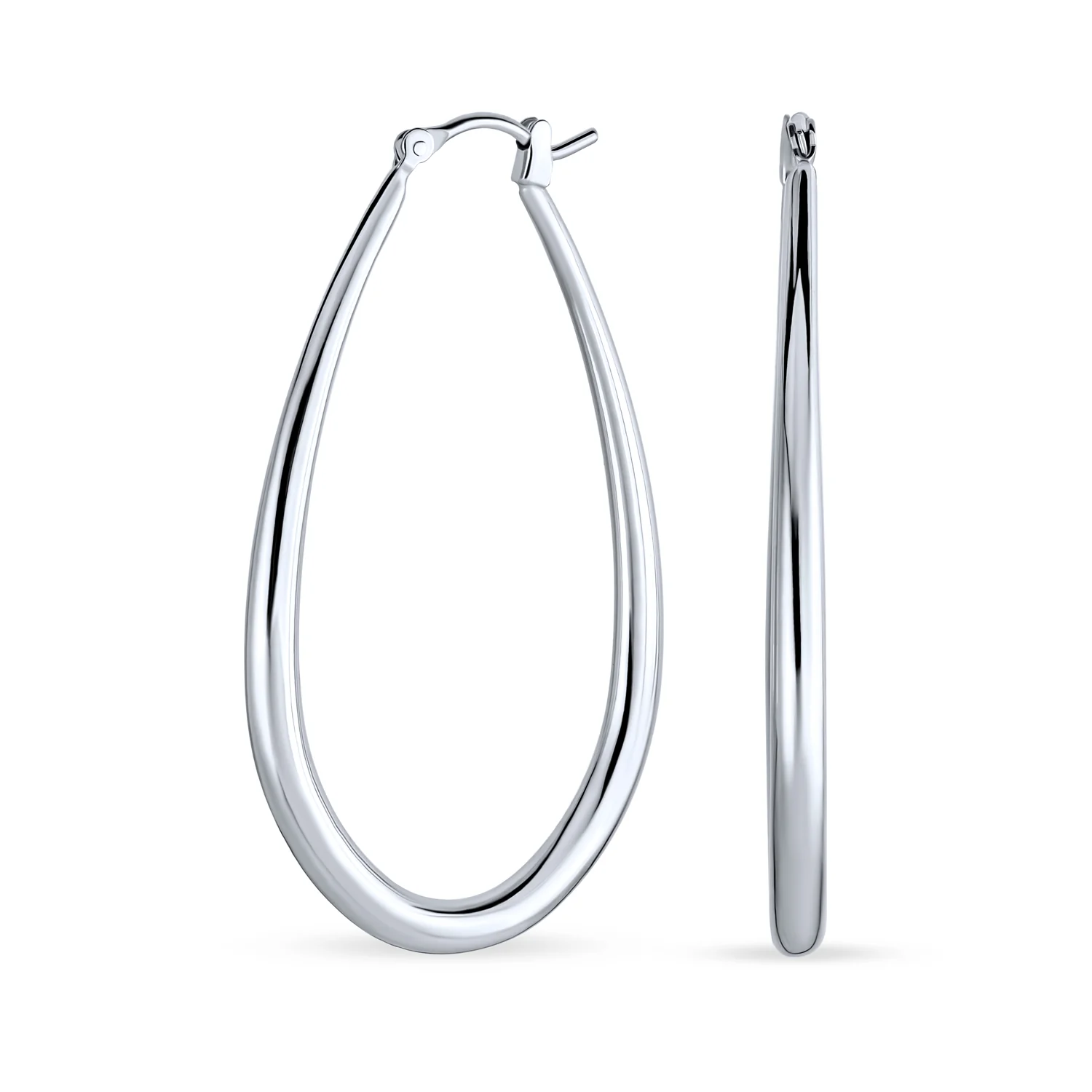Large Oval Tube Hoop Earrings 2 Inch .925 Sterling Silver Snap Hinged Post