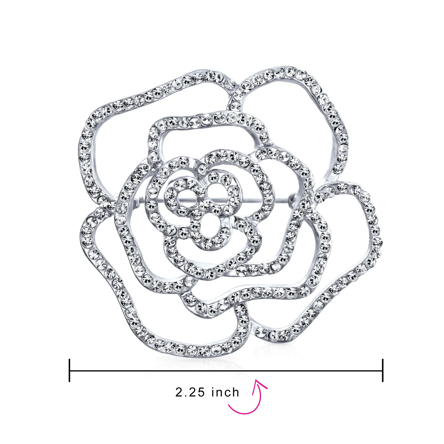 Large Fashion Statement Rose Flower Brooch Pin with Sparkling Crystals Silver Tone - Image 2