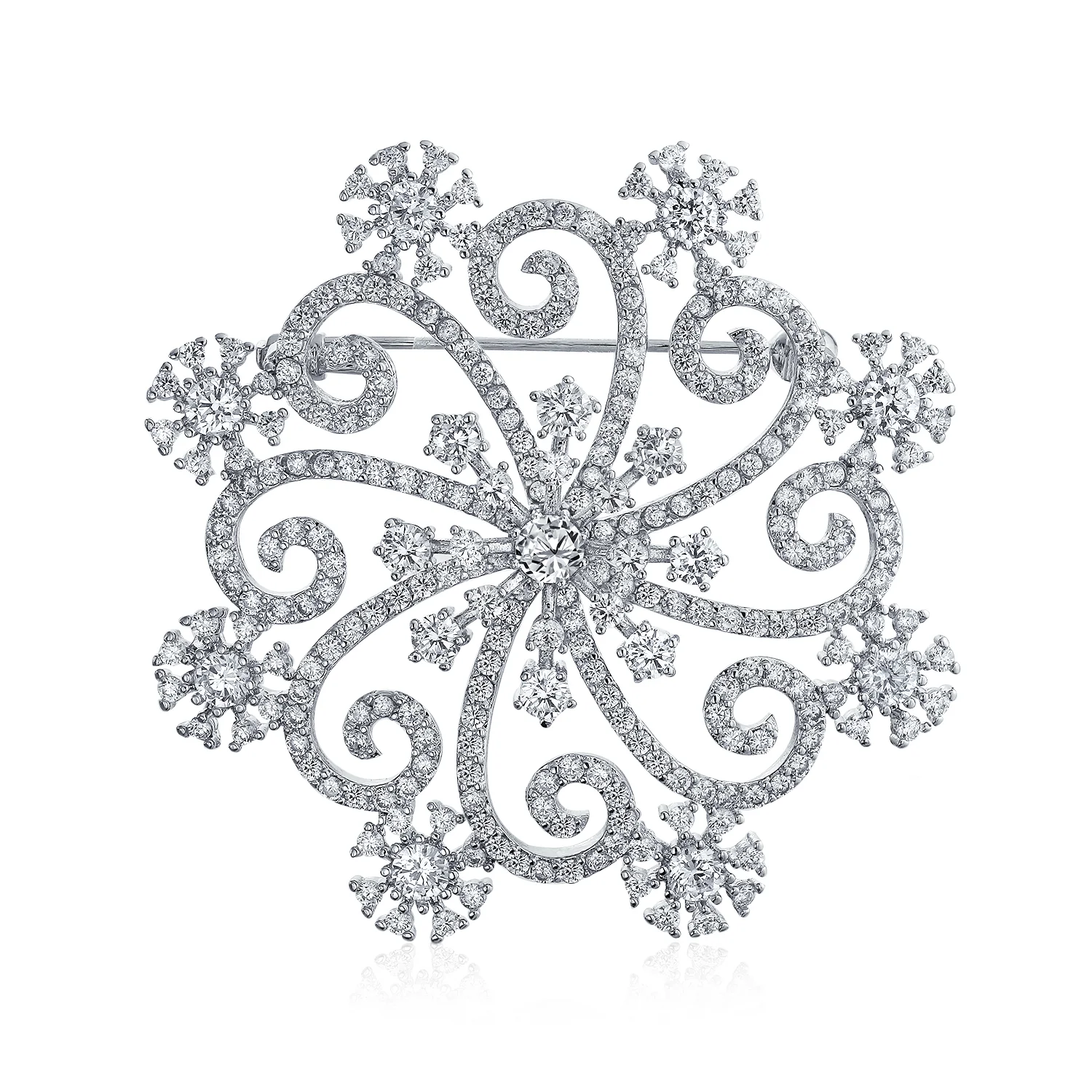 Large Winter Swirl CZ Snowflake Brooch Pin Silver Plated Brass for Holiday Party