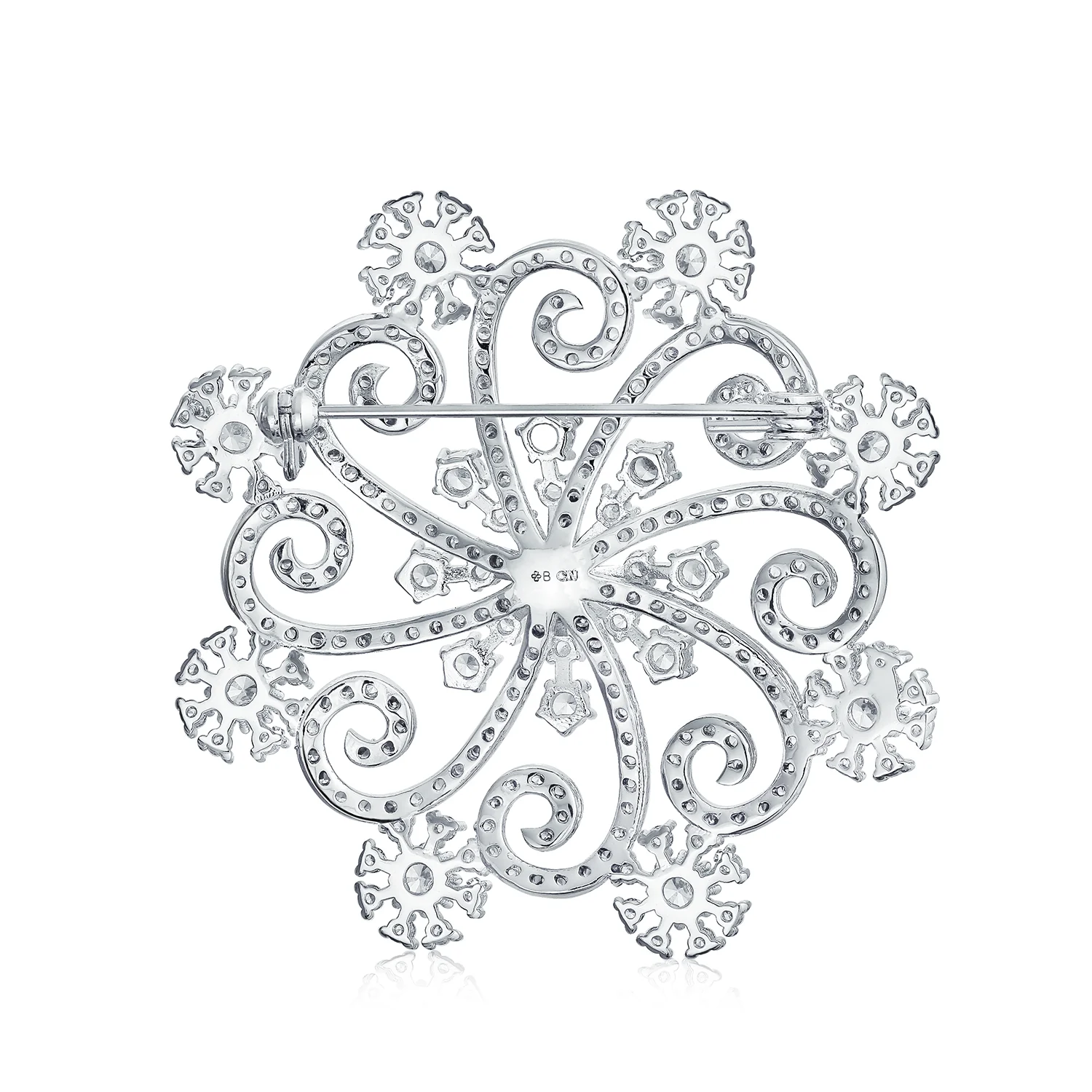Large Winter Swirl CZ Snowflake Brooch Pin Silver Plated Brass for Holiday Party - Image 2