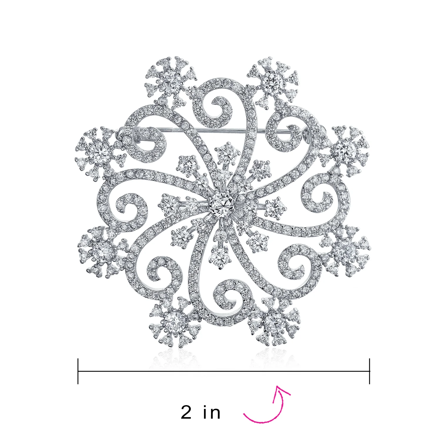 Large Winter Swirl CZ Snowflake Brooch Pin Silver Plated Brass for Holiday Party - Image 4