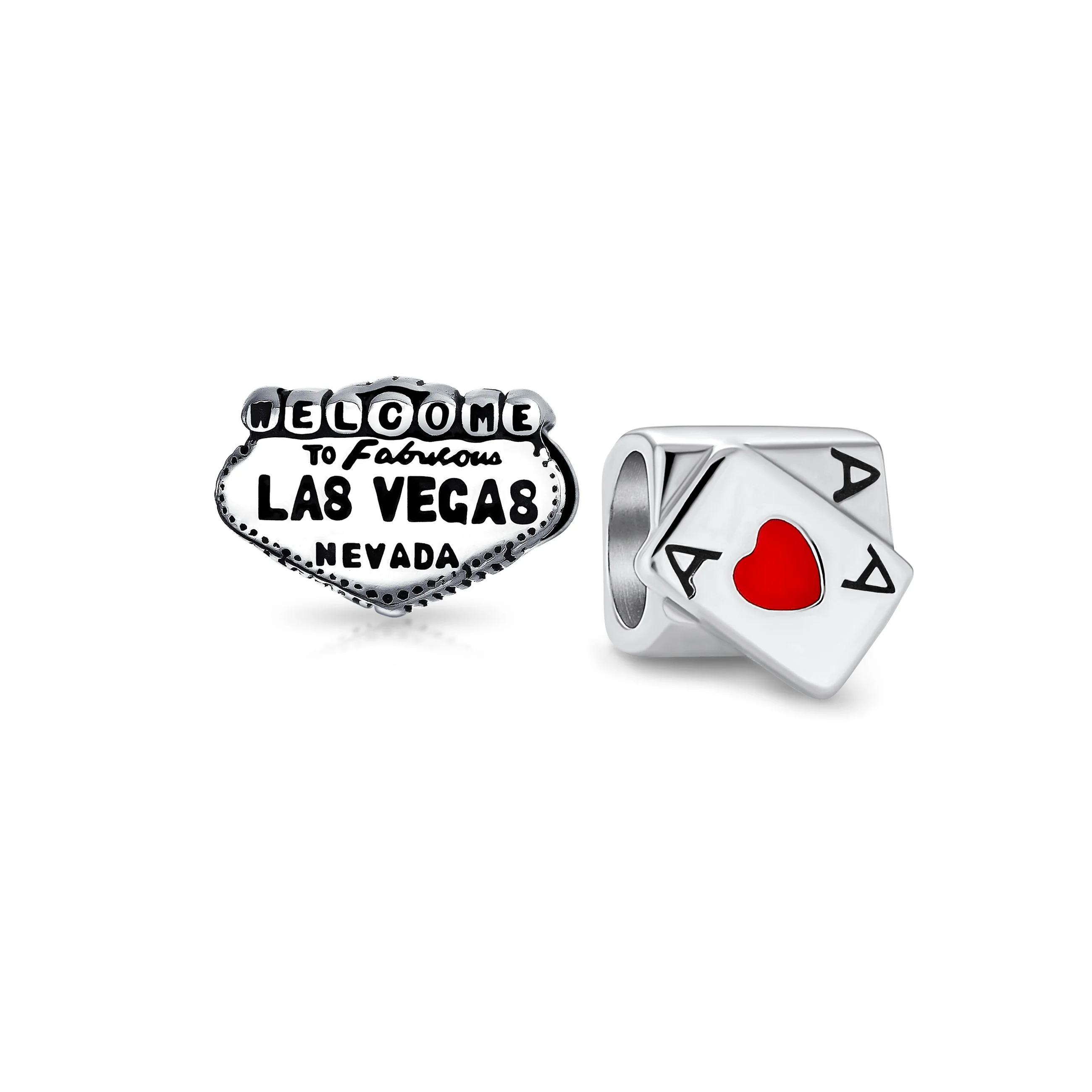 Set of 2 Welcome to Las Vegas and Poker Ace of Hearts Charm Bead Sterling Silver