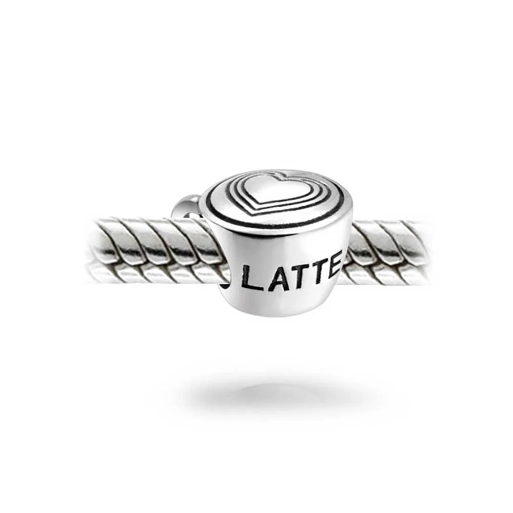 Set of 2 Latte Cup and Open Filigree Heart Charm Bead Oxidized Sterling Silver - Image 3