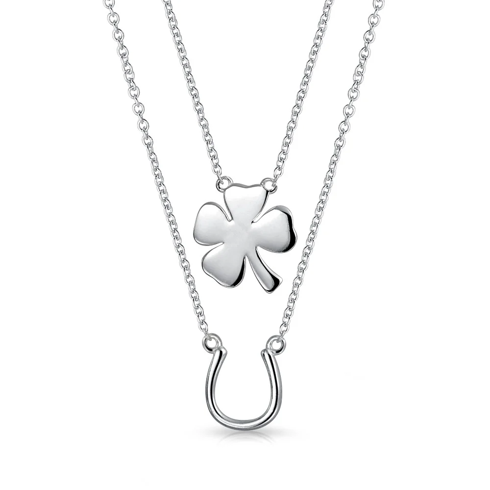 Set of 2 Four Lucky Clover & Lucky Horseshoe Pendant Necklace .925 Sterling Silver
