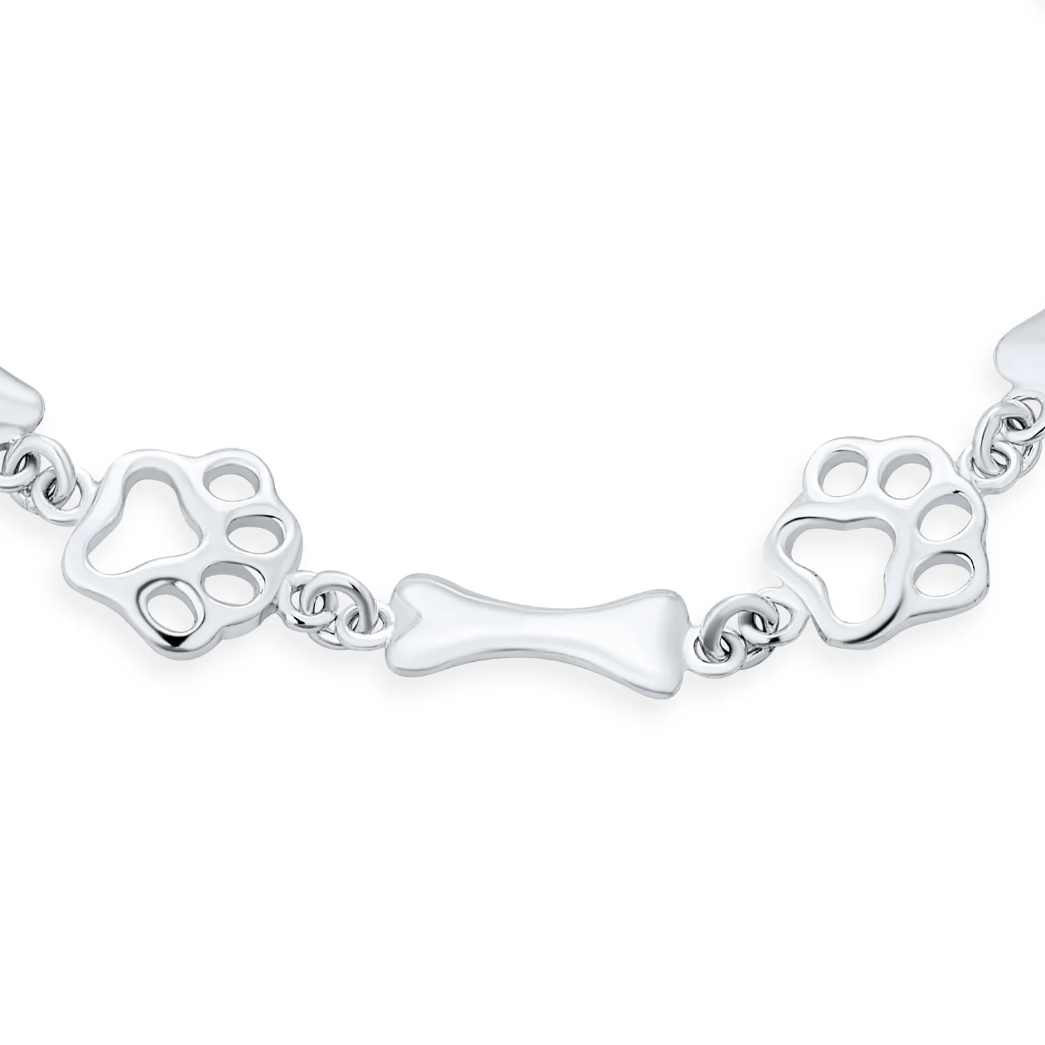 Layering Chain Link Bracelet & Earrings Set Dog Bone & Paw Print Sterling Silver - Image 2