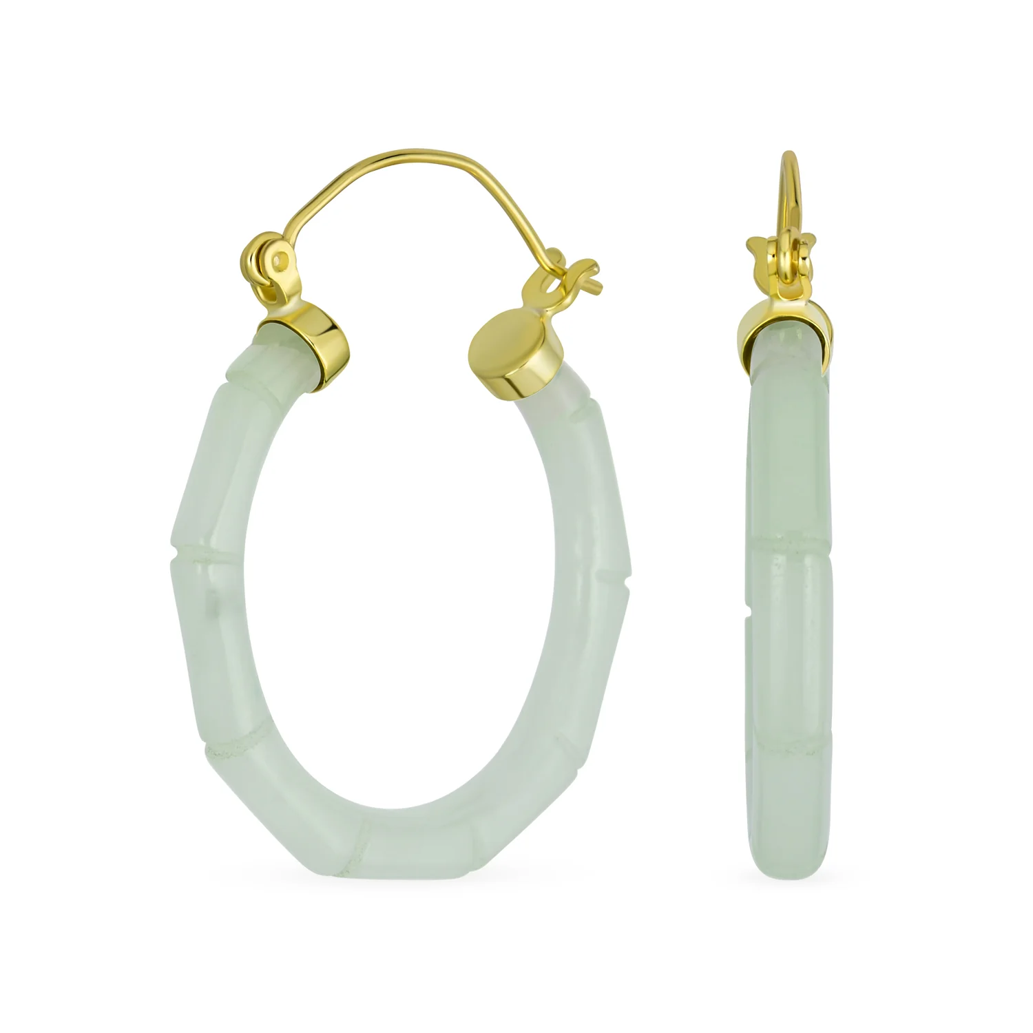 Big Bamboo Asian Design Green Jade Hoop Earrings Gold Plated .925 Sterling Silver 1.2 Inch Diameter - Image 2