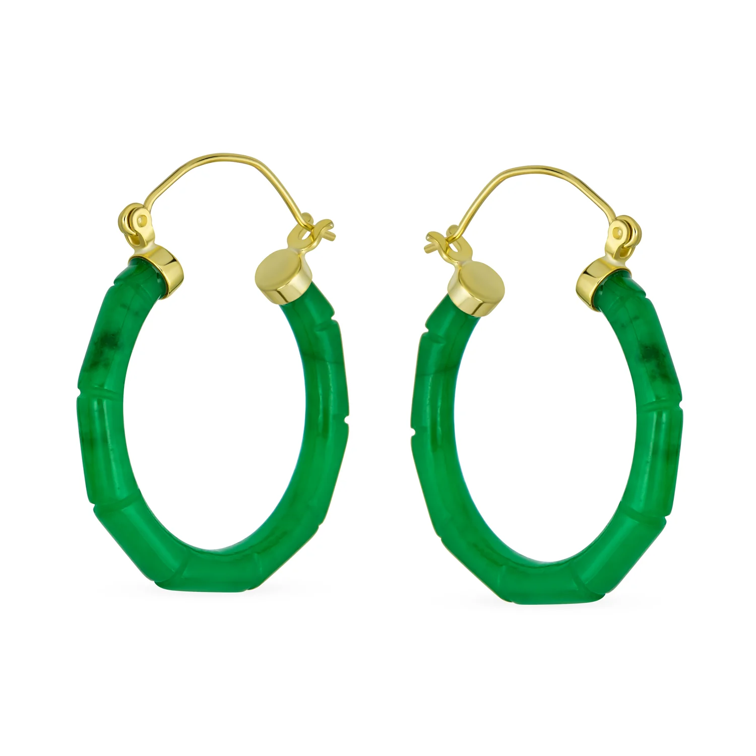 Big Bamboo Asian Design Green Jade Hoop Earrings Gold Plated .925 Sterling Silver 1.2 Inch Diameter - Image 3
