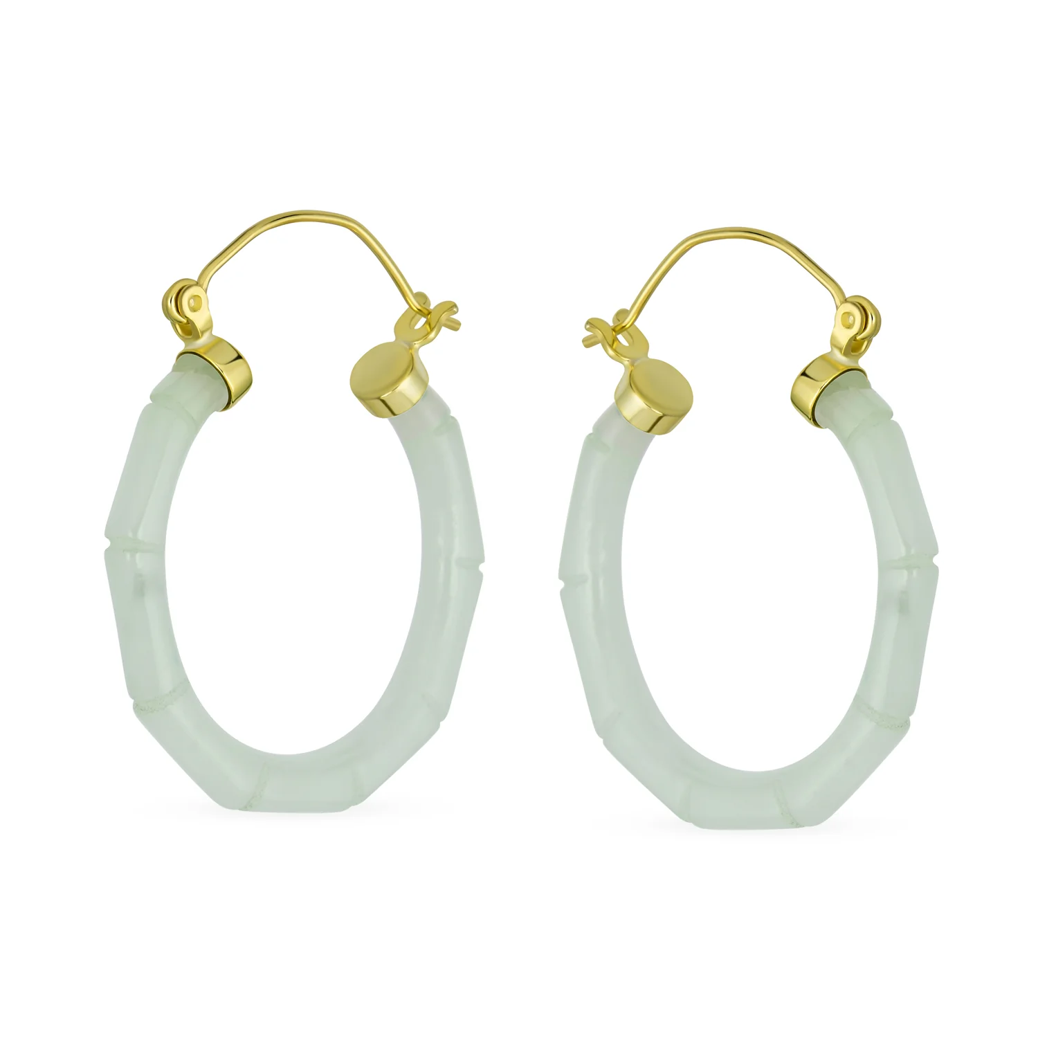 Big Bamboo Asian Design Green Jade Hoop Earrings Gold Plated .925 Sterling Silver 1.2 Inch Diameter - Image 4