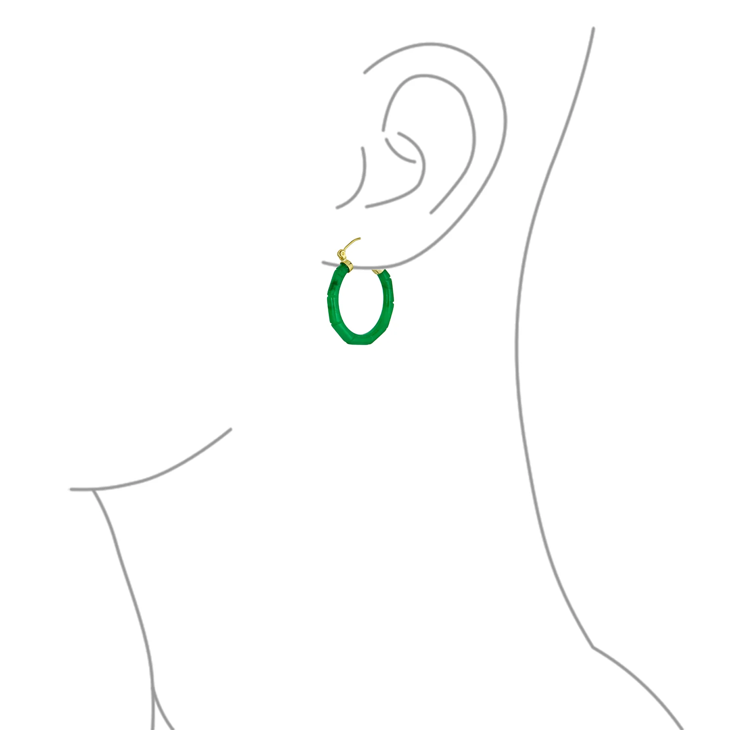 Big Bamboo Asian Design Green Jade Hoop Earrings Gold Plated .925 Sterling Silver 1.2 Inch Diameter - Image 5