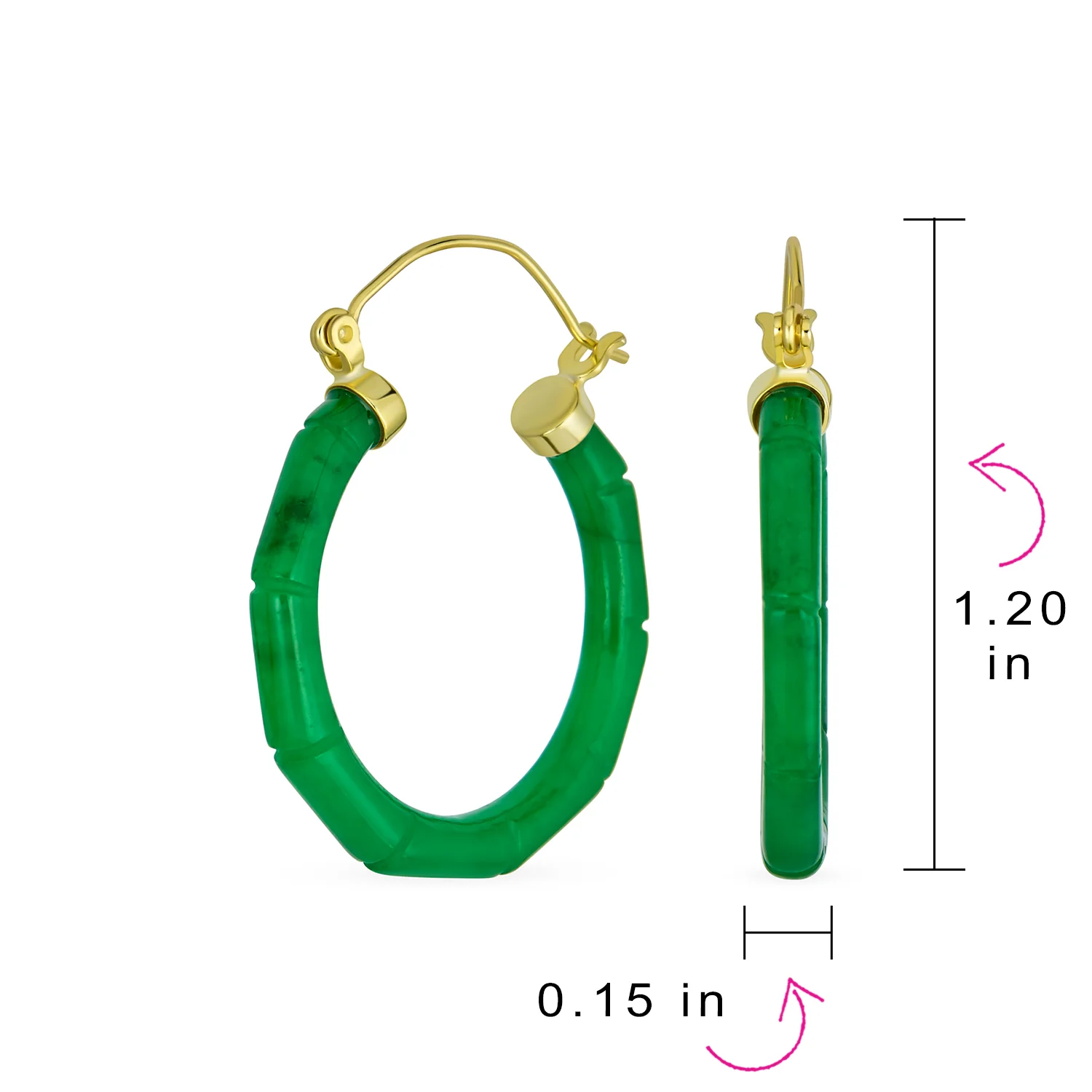 Big Bamboo Asian Design Green Jade Hoop Earrings Gold Plated .925 Sterling Silver 1.2 Inch Diameter - Image 7