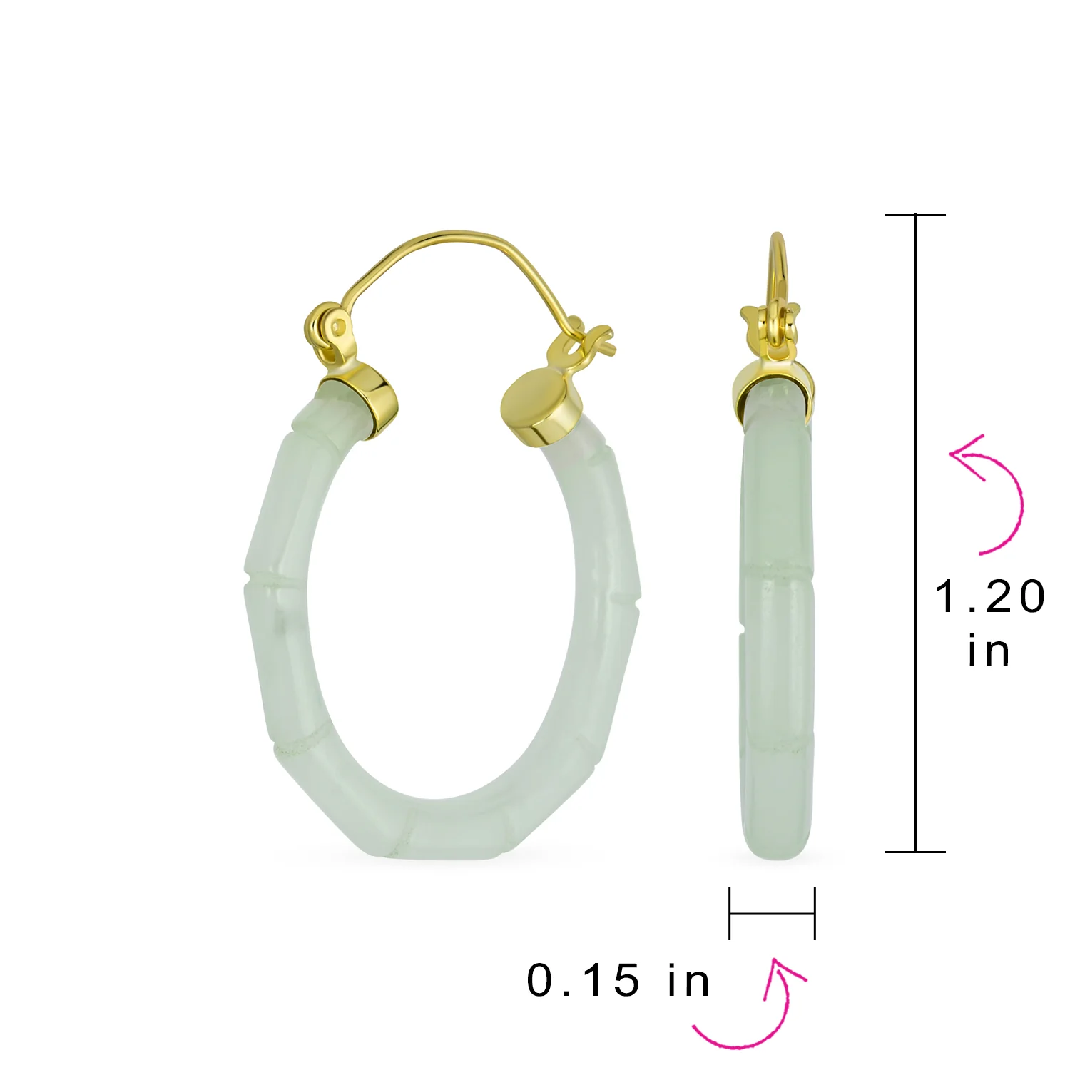 Big Bamboo Asian Design Green Jade Hoop Earrings Gold Plated .925 Sterling Silver 1.2 Inch Diameter - Image 8