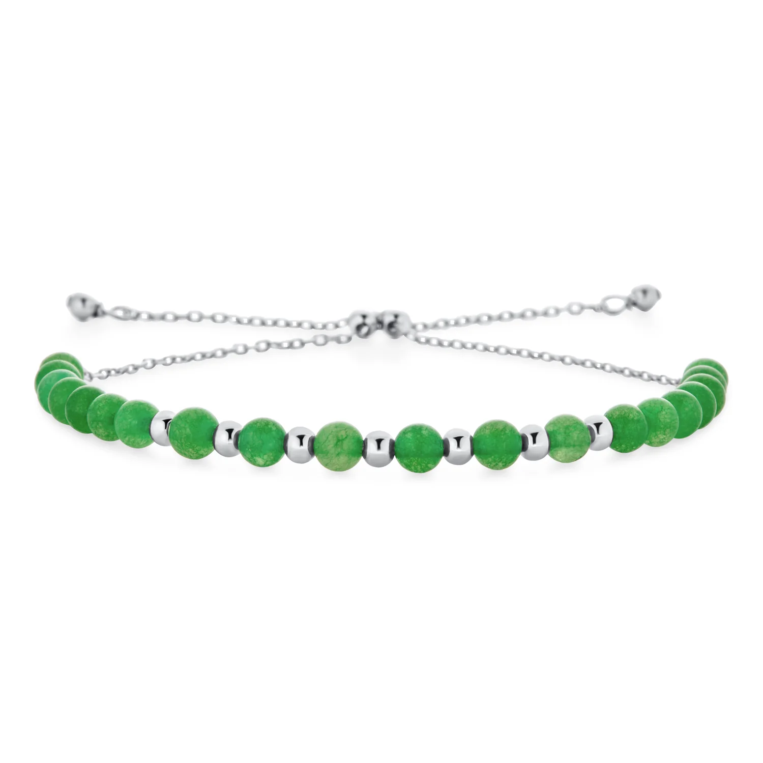 Green Jade Gemstone Seed Bead Bolo Bracelet Adjustable Sterling Silver 6-7 Inch