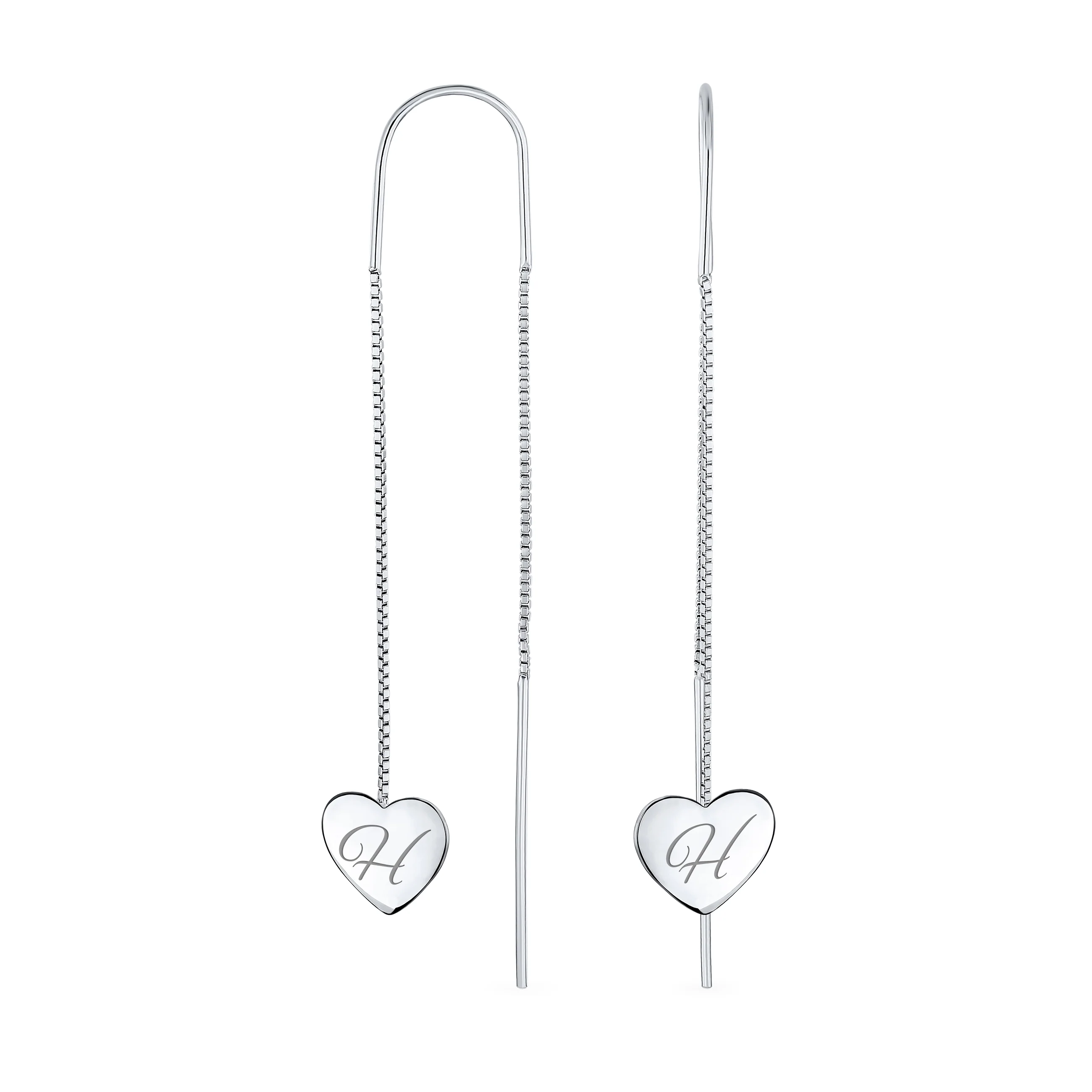Script Initial Alphabet A-Z Long Flat Heart Chain Threader Earrings Silver - Image 8