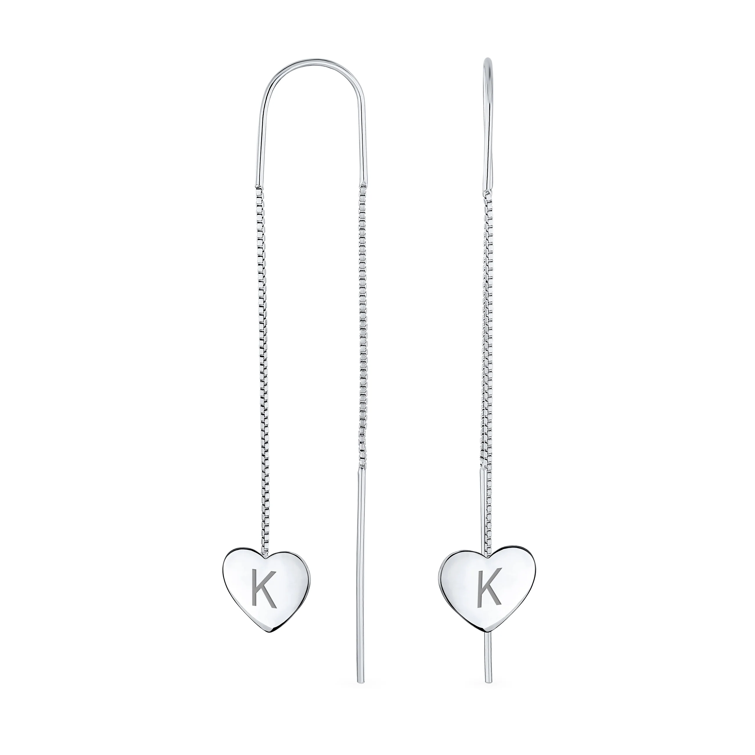 Lightweight Long Flat Heart Chain Threader Earrings Sterling Silver U Hook - Image 11