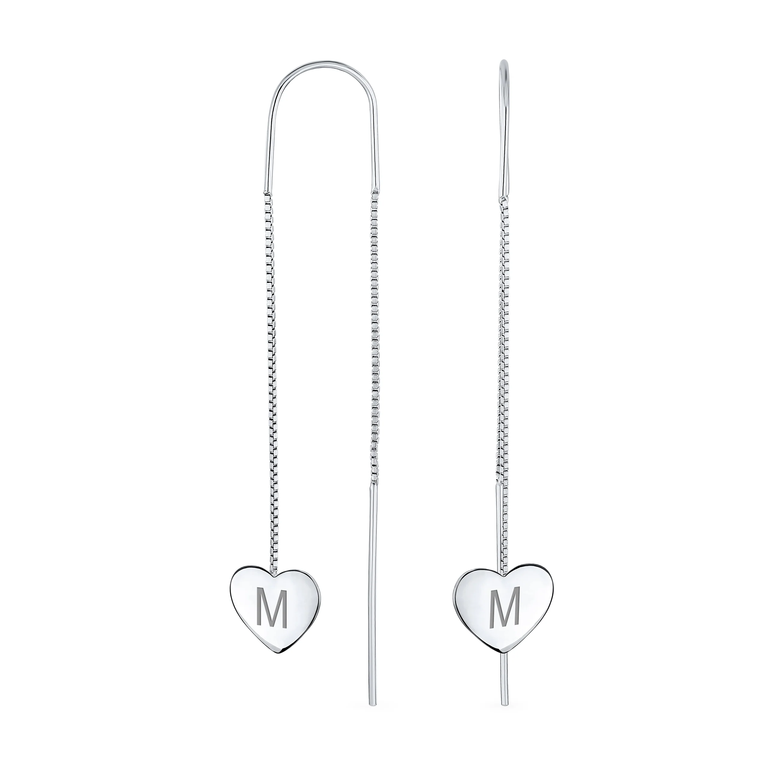 Lightweight Long Flat Heart Chain Threader Earrings Sterling Silver U Hook - Image 13