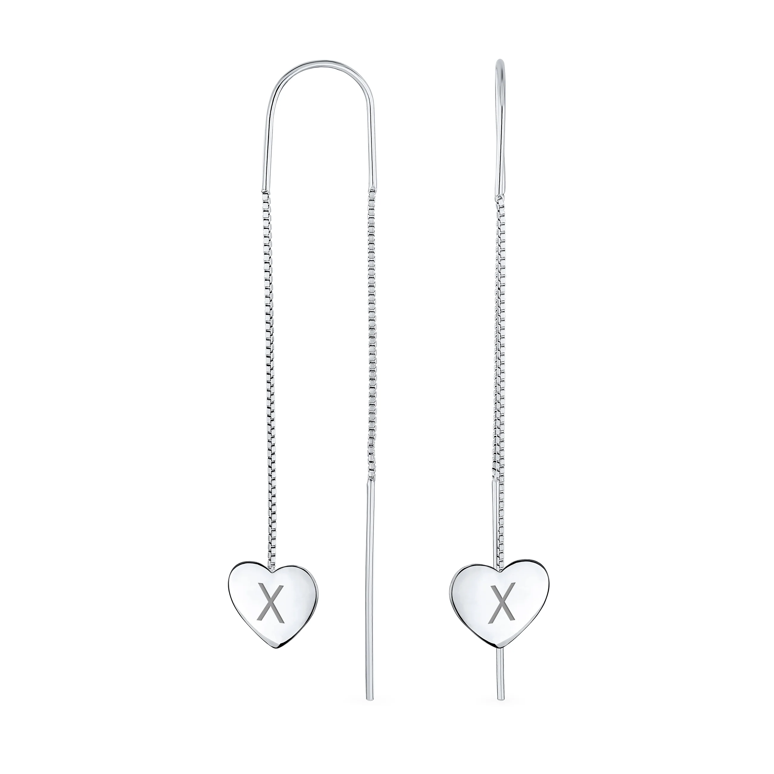 Lightweight Long Flat Heart Chain Threader Earrings Sterling Silver U Hook - Image 24