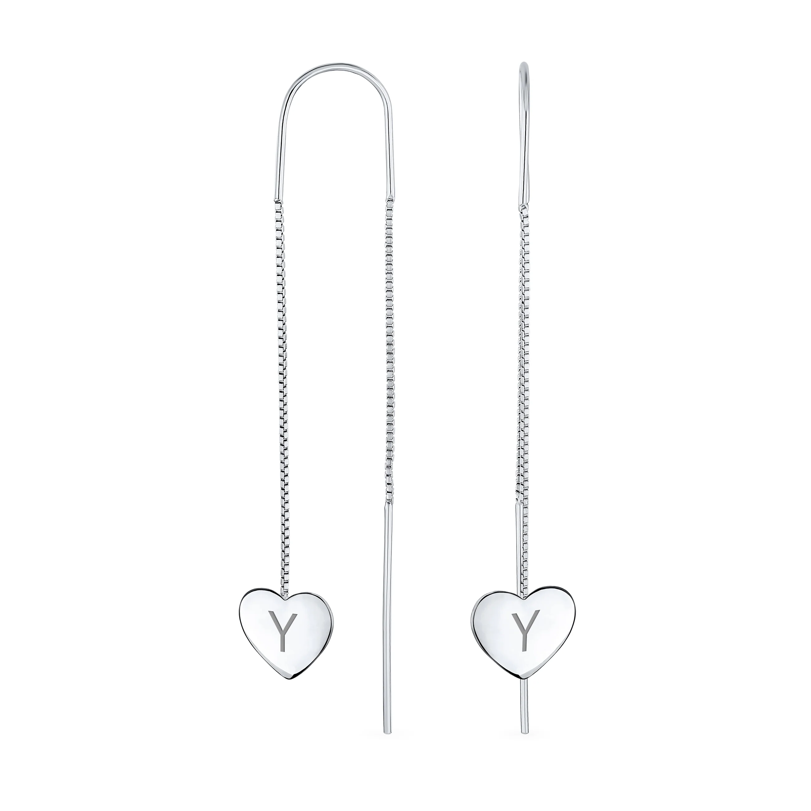 Lightweight Long Flat Heart Chain Threader Earrings Sterling Silver U Hook - Image 25