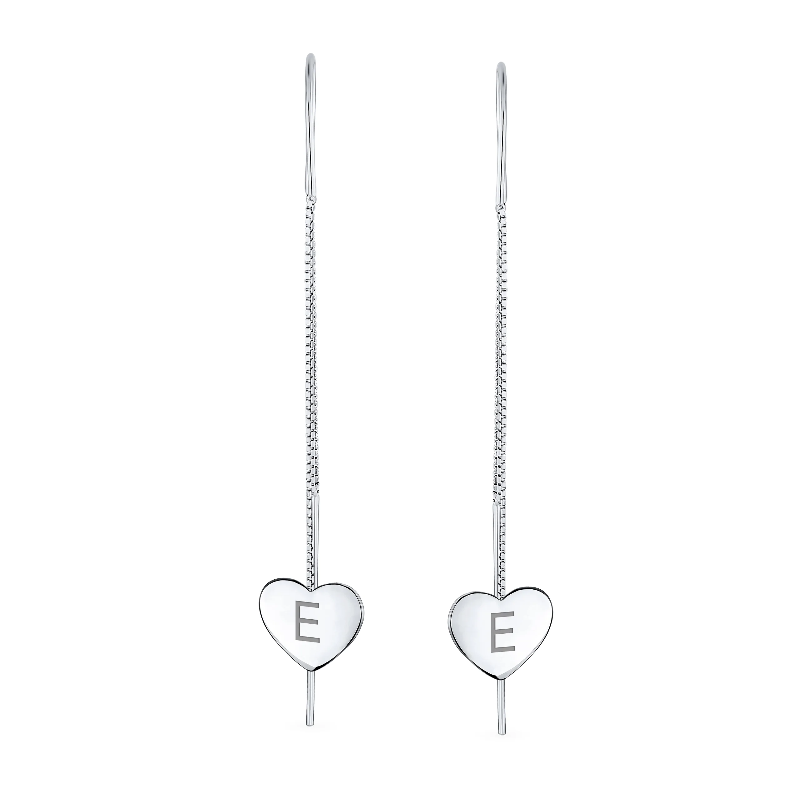 Lightweight Long Flat Heart Chain Threader Earrings Sterling Silver U Hook - Image 31