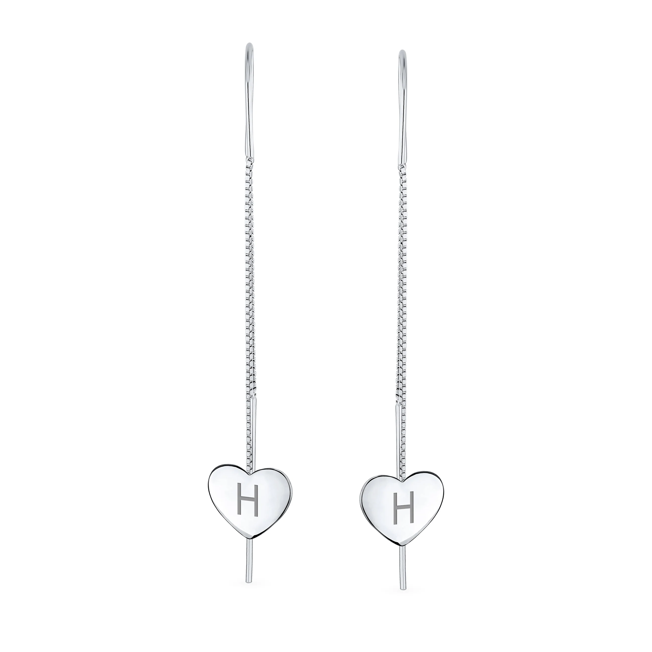 Lightweight Long Flat Heart Chain Threader Earrings Sterling Silver U Hook - Image 34