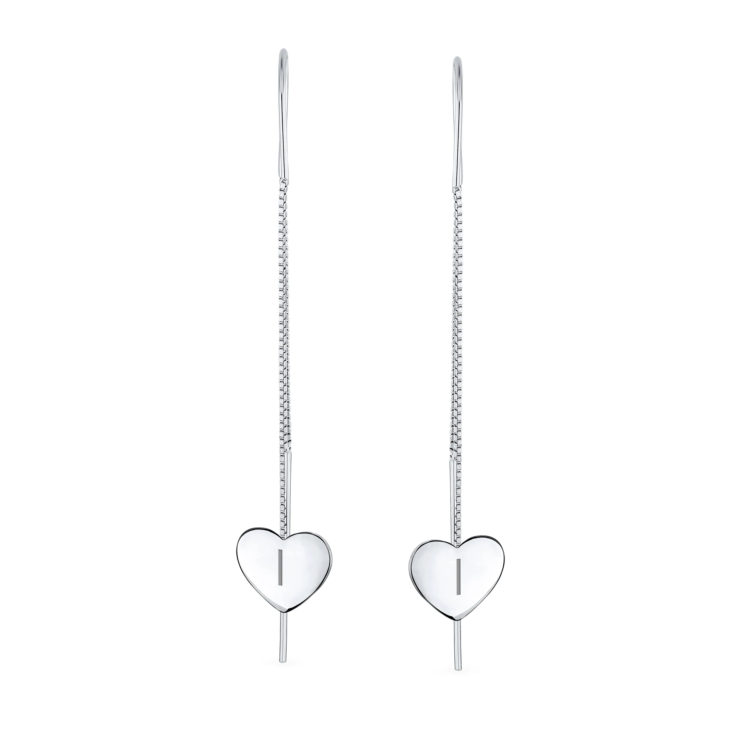 Lightweight Long Flat Heart Chain Threader Earrings Sterling Silver U Hook - Image 35
