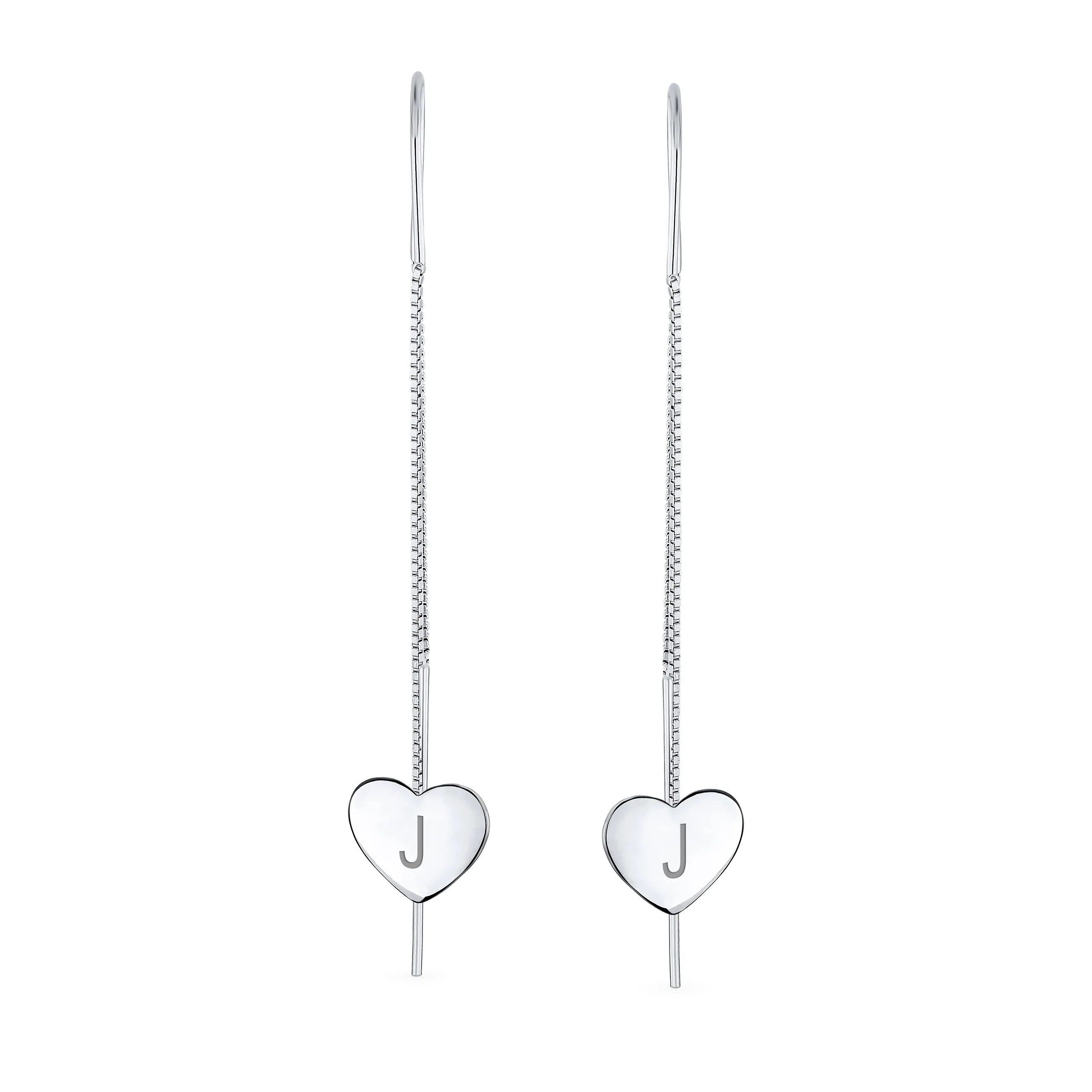Lightweight Long Flat Heart Chain Threader Earrings Sterling Silver U Hook - Image 36