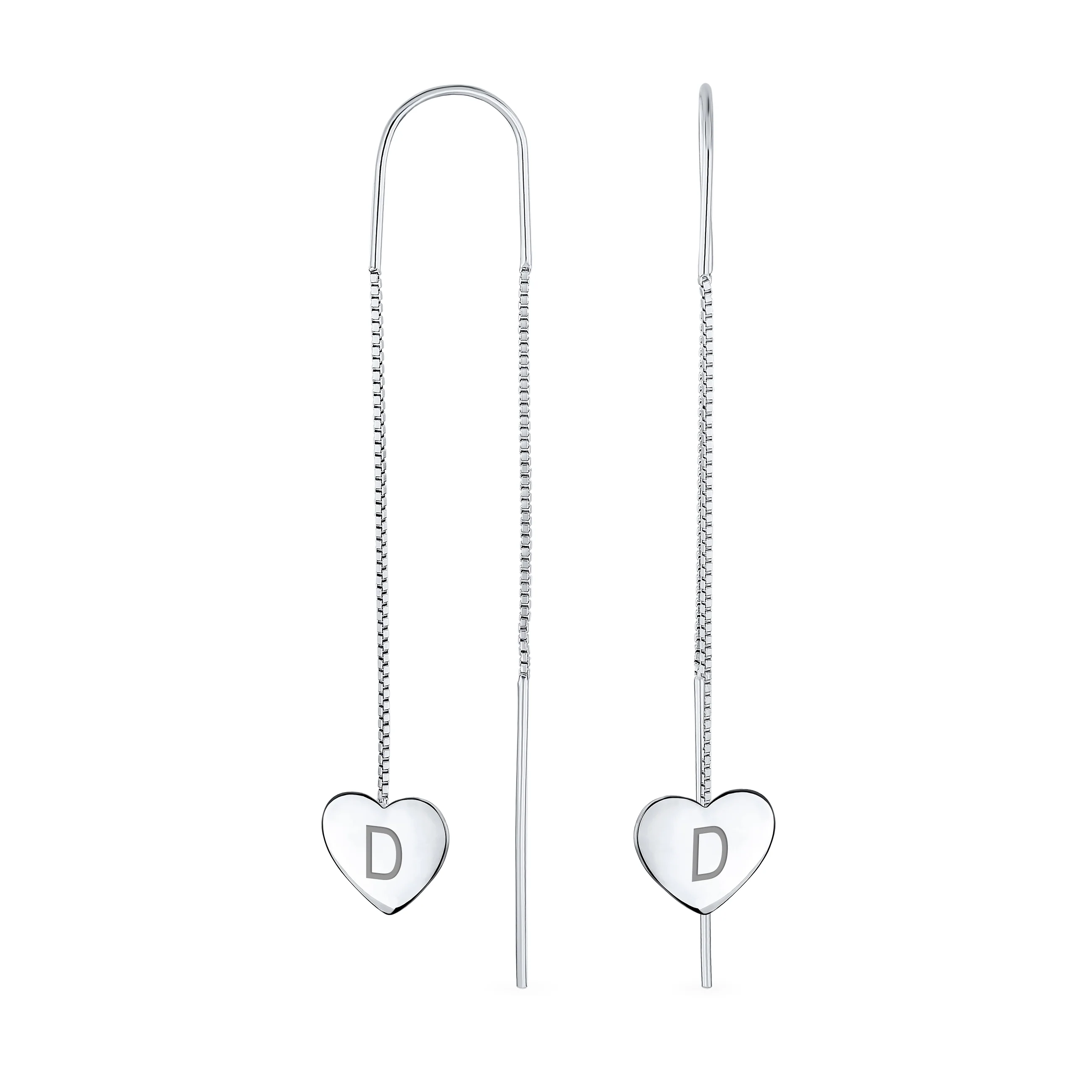 Lightweight Long Flat Heart Chain Threader Earrings Sterling Silver U Hook - Image 4