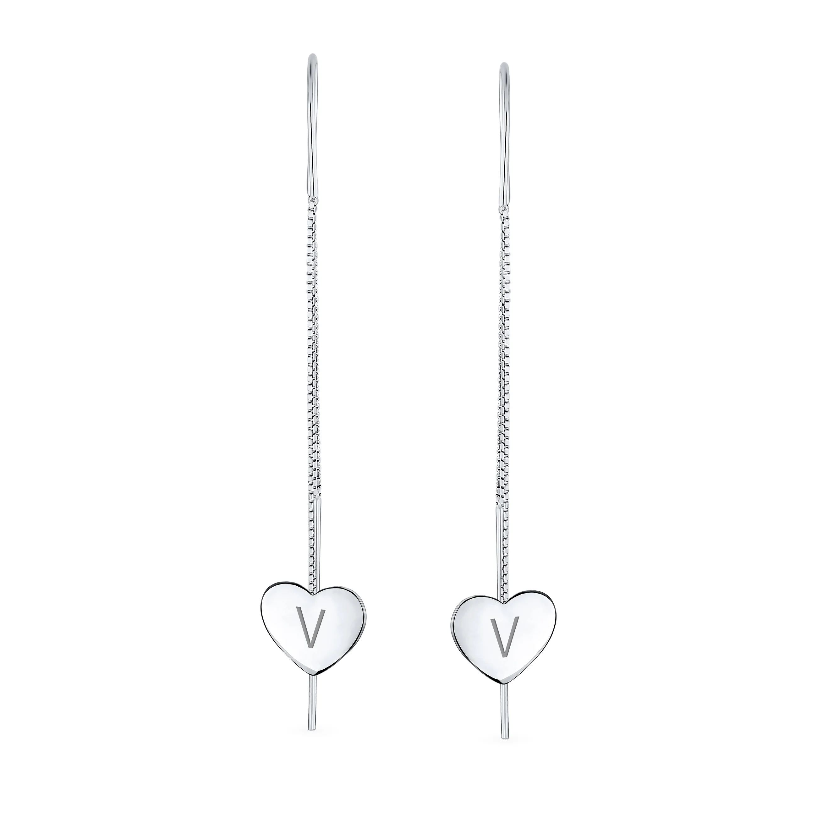 Lightweight Long Flat Heart Chain Threader Earrings Sterling Silver U Hook - Image 48