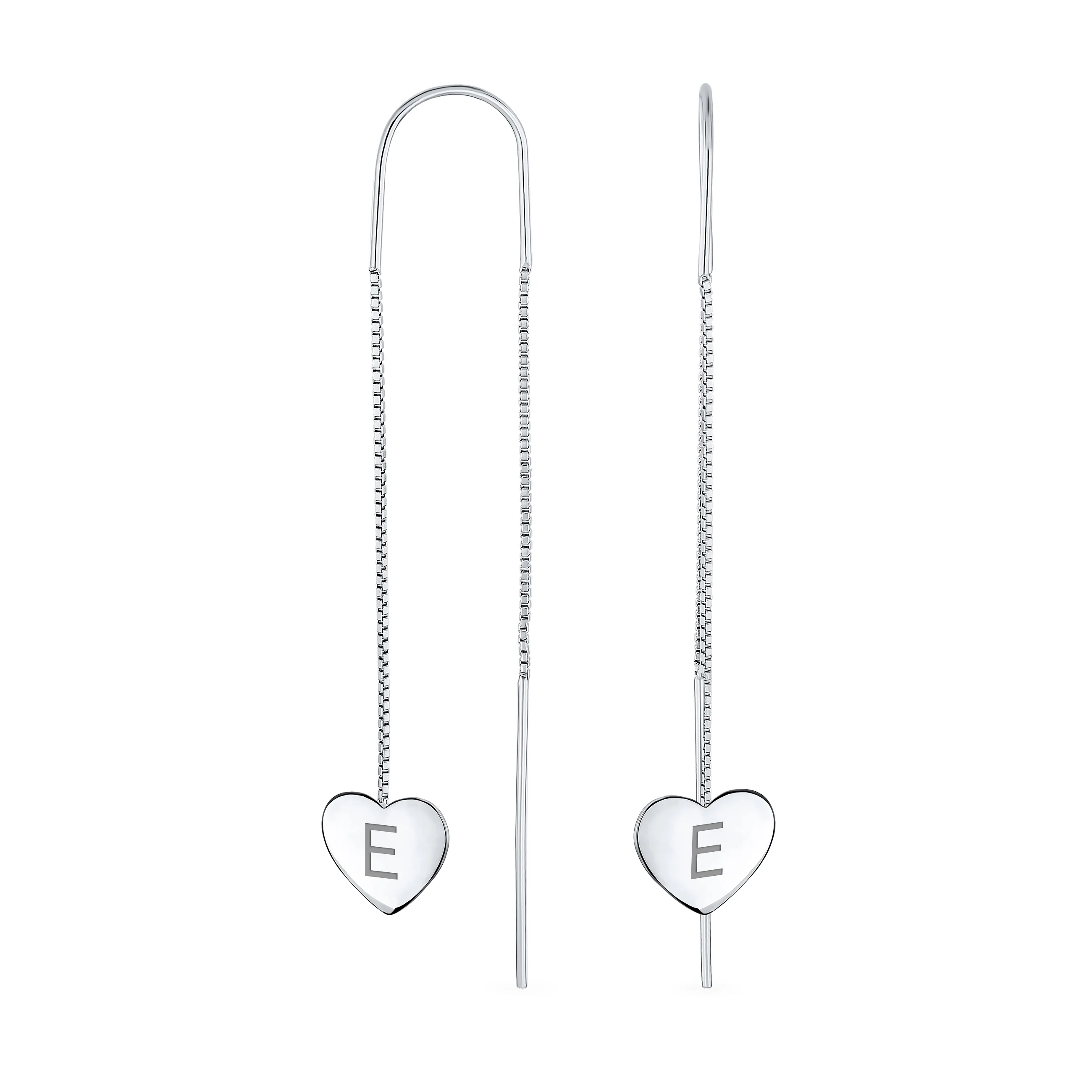 Lightweight Long Flat Heart Chain Threader Earrings Sterling Silver U Hook - Image 5
