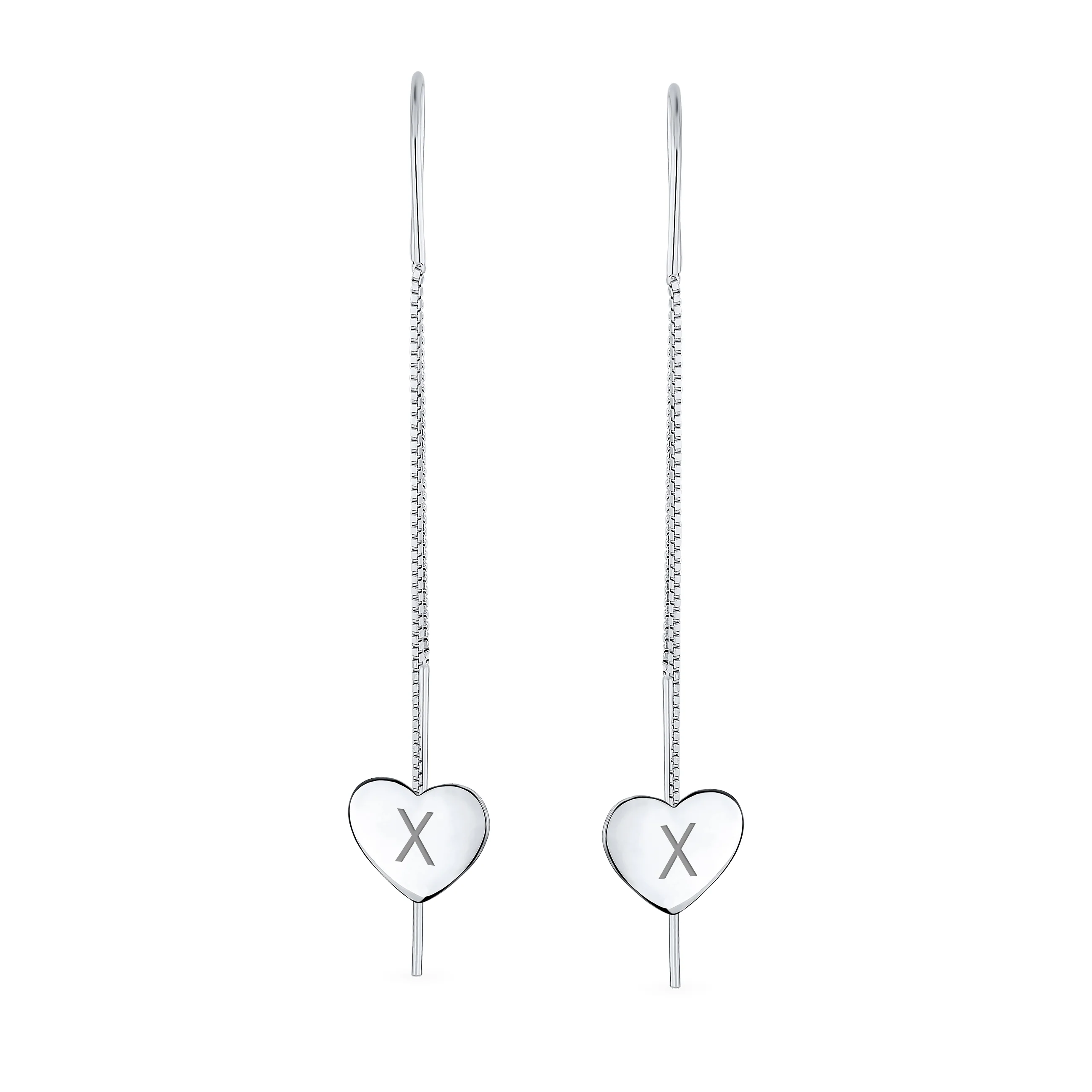 Lightweight Long Flat Heart Chain Threader Earrings Sterling Silver U Hook - Image 50