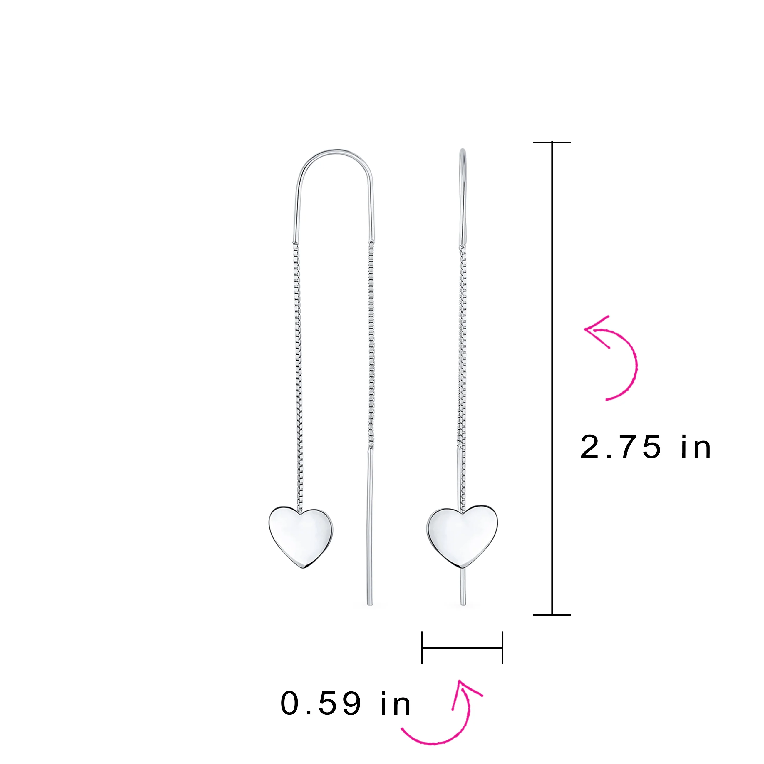 Lightweight Long Flat Heart Chain Threader Earrings Sterling Silver U Hook - Image 95