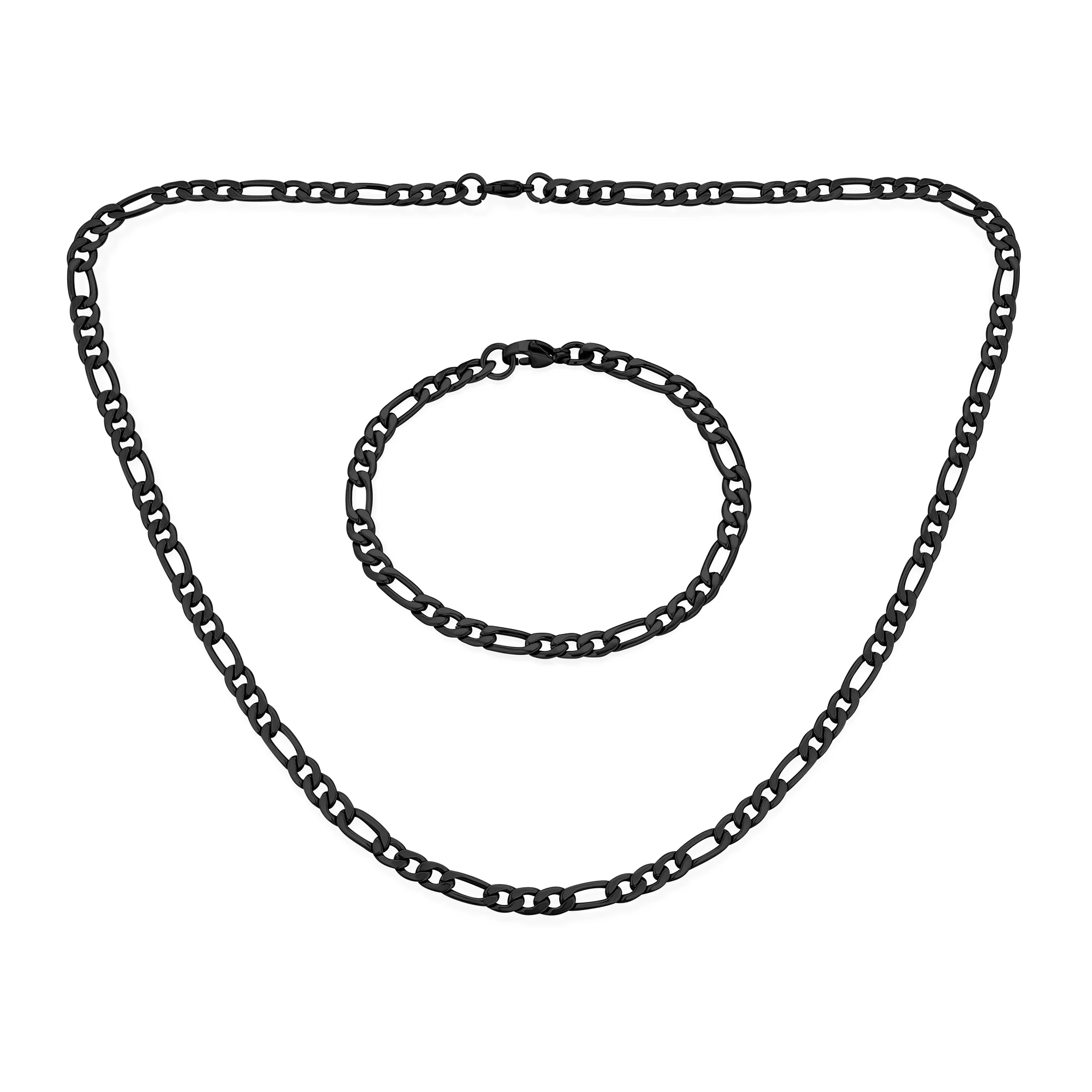 Flat Figaro Link 5MM Necklace & Bracelet Set Black Gold Tone Stainless Steel - Image 2