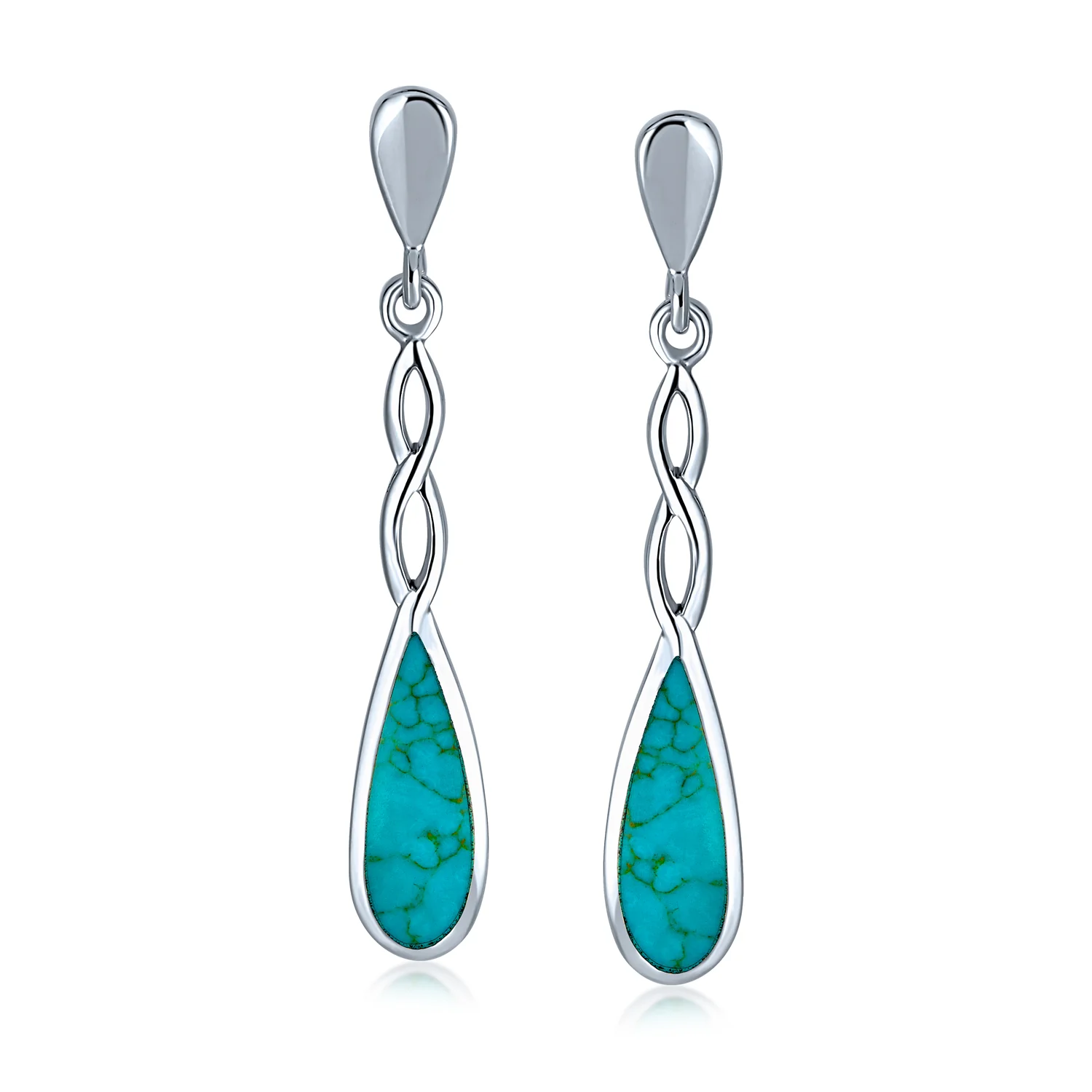 Linear Infinity Spiral Twist Teardrop Dangle Gemstone Earrings Blue Turquoise - Image 2