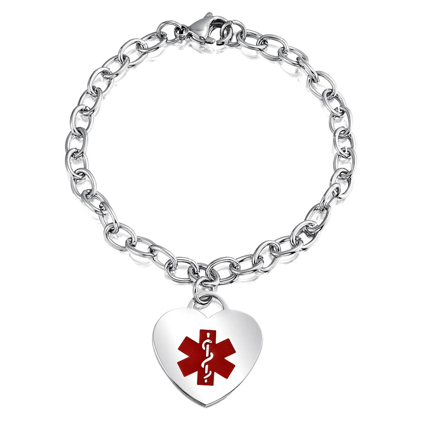 Link Chain Red Medical ID Bracelet with Heart Tag Silver Tone 7-7.5 Inch - Image 20