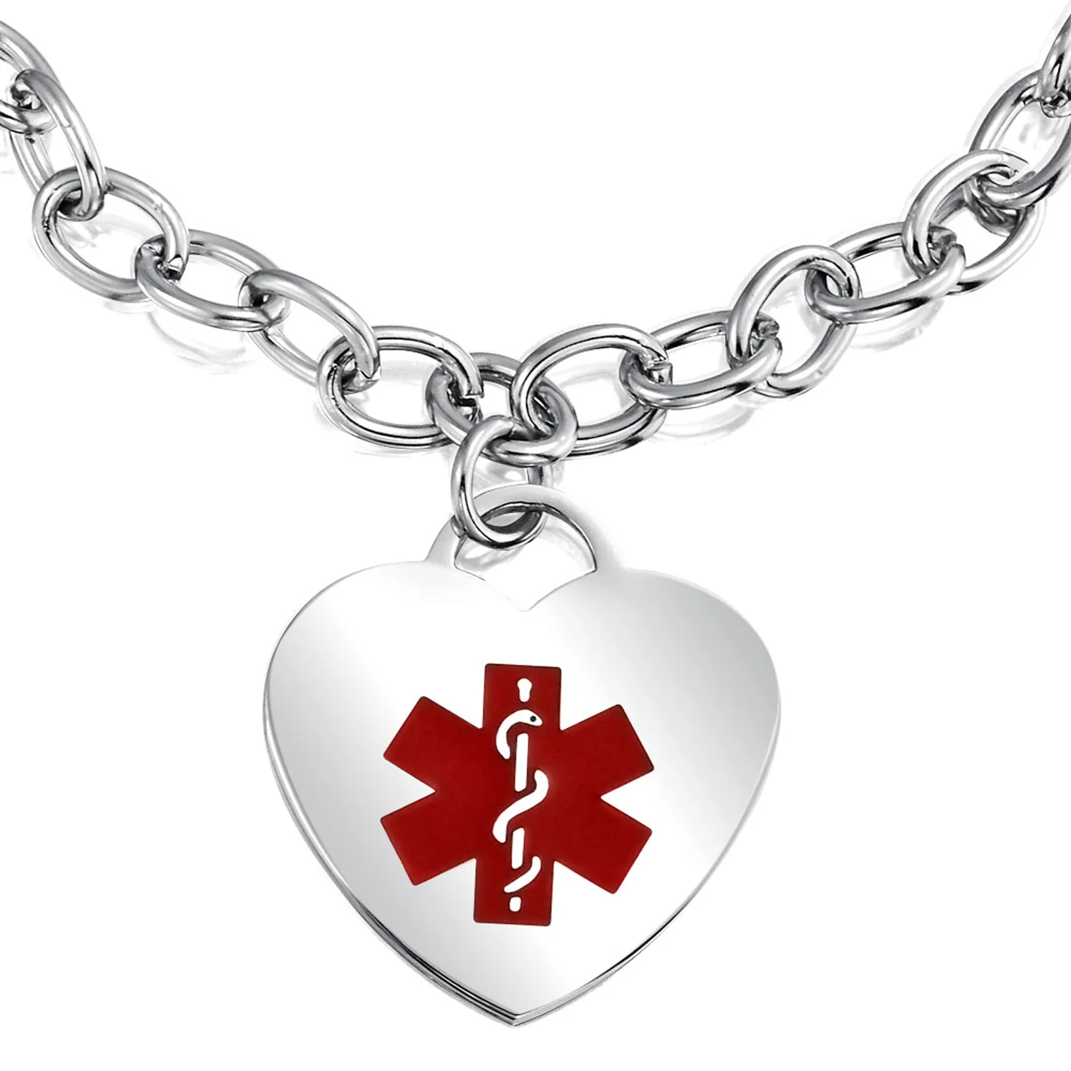 Link Chain Red Medical ID Bracelet with Heart Tag Silver Tone 7-7.5 Inch - Image 29